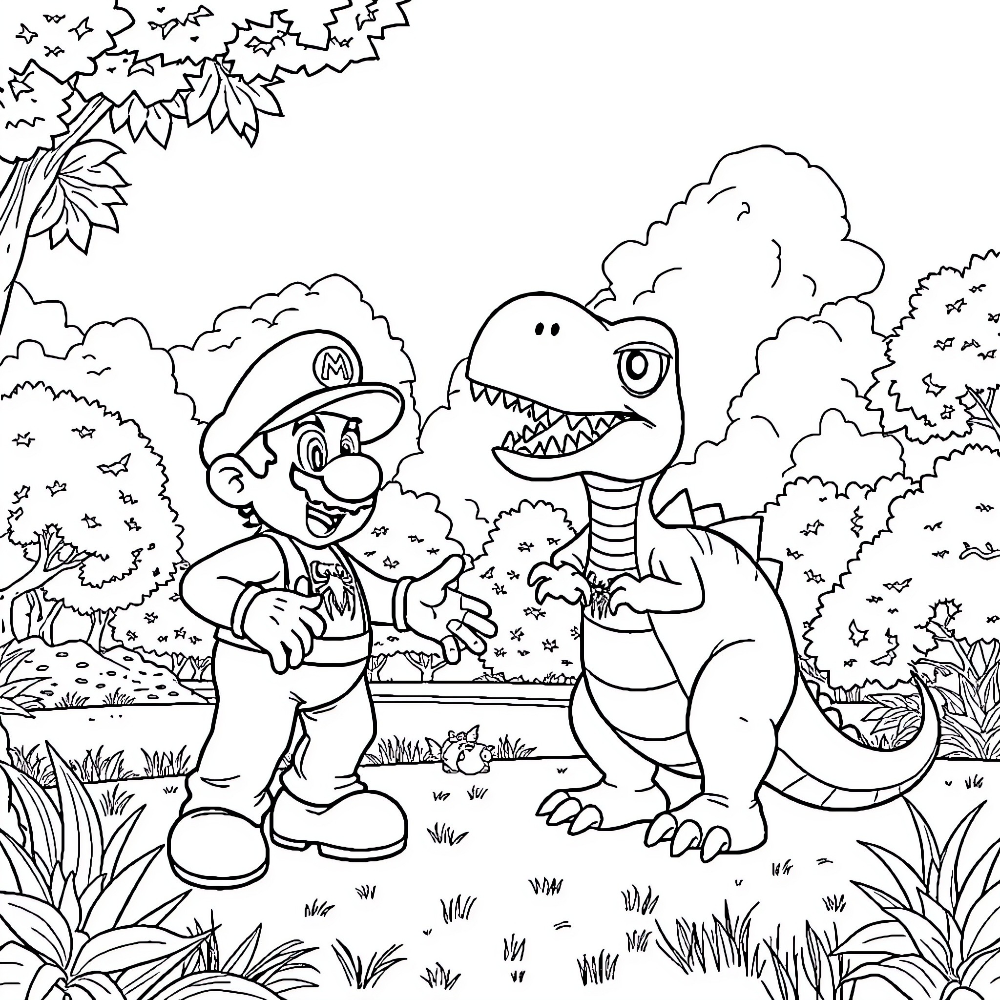 Mario's Jurassic Adventure Coloring Page (free black-and-white line drawing printable PDF for all, from beginners to advanced learners, including children, teens, adults, and seniors)