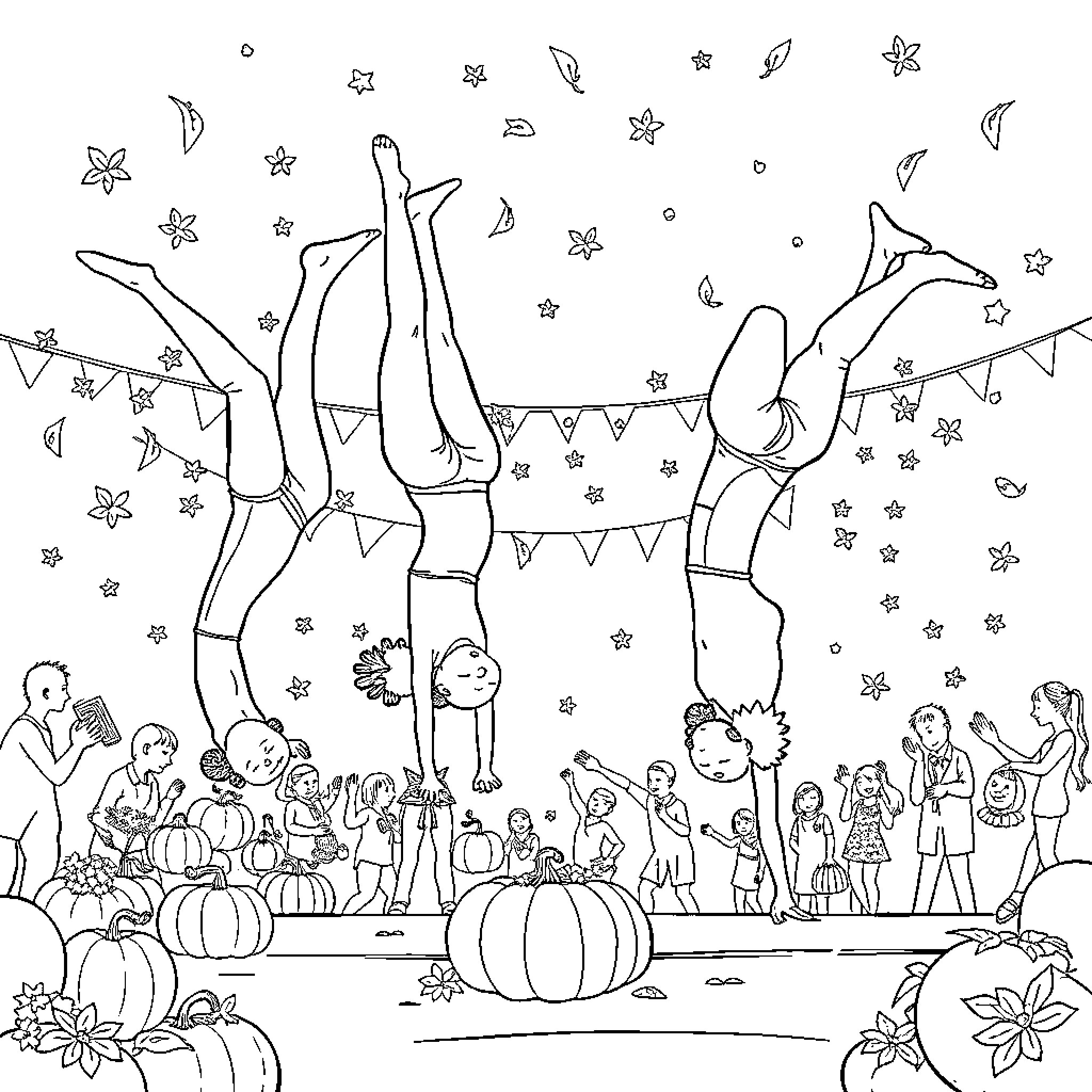 Gymnasts performing acrobatic feats in festive setting Coloring Page (free black-and-white line drawing printable PDF for all, from beginners to advanced learners, including children, teens, adults, and seniors)