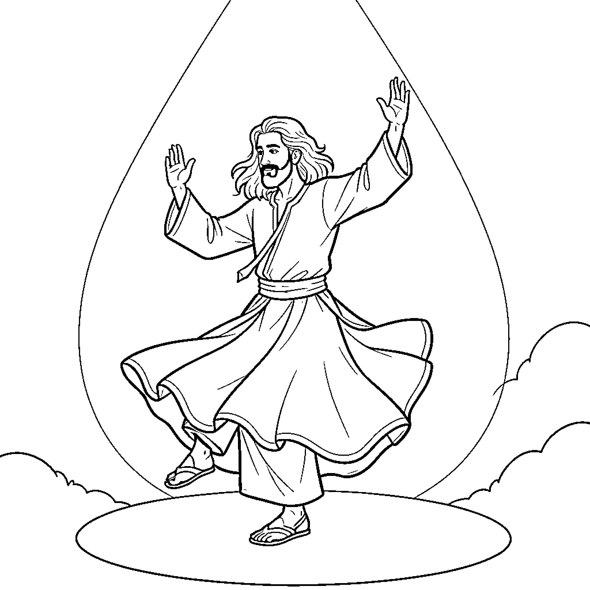 Rumi dancing with exuberance Coloring Page (free black-and-white line drawing printable PDF for all, from beginners to advanced learners, including children, teens, adults, and seniors)