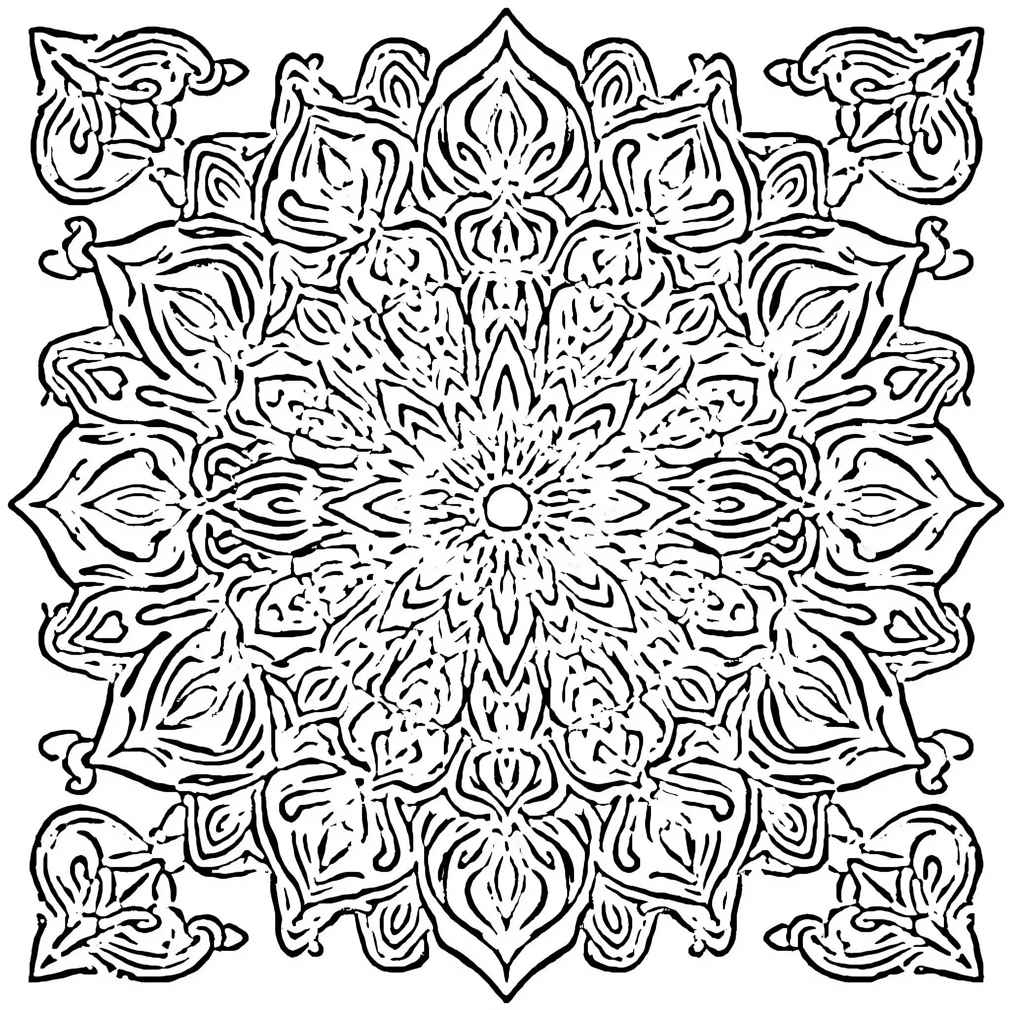 Mandala of intricate floral patterns Coloring Page (free black-and-white line drawing printable PDF for all, from beginners to advanced learners, including children, teens, adults, and seniors)