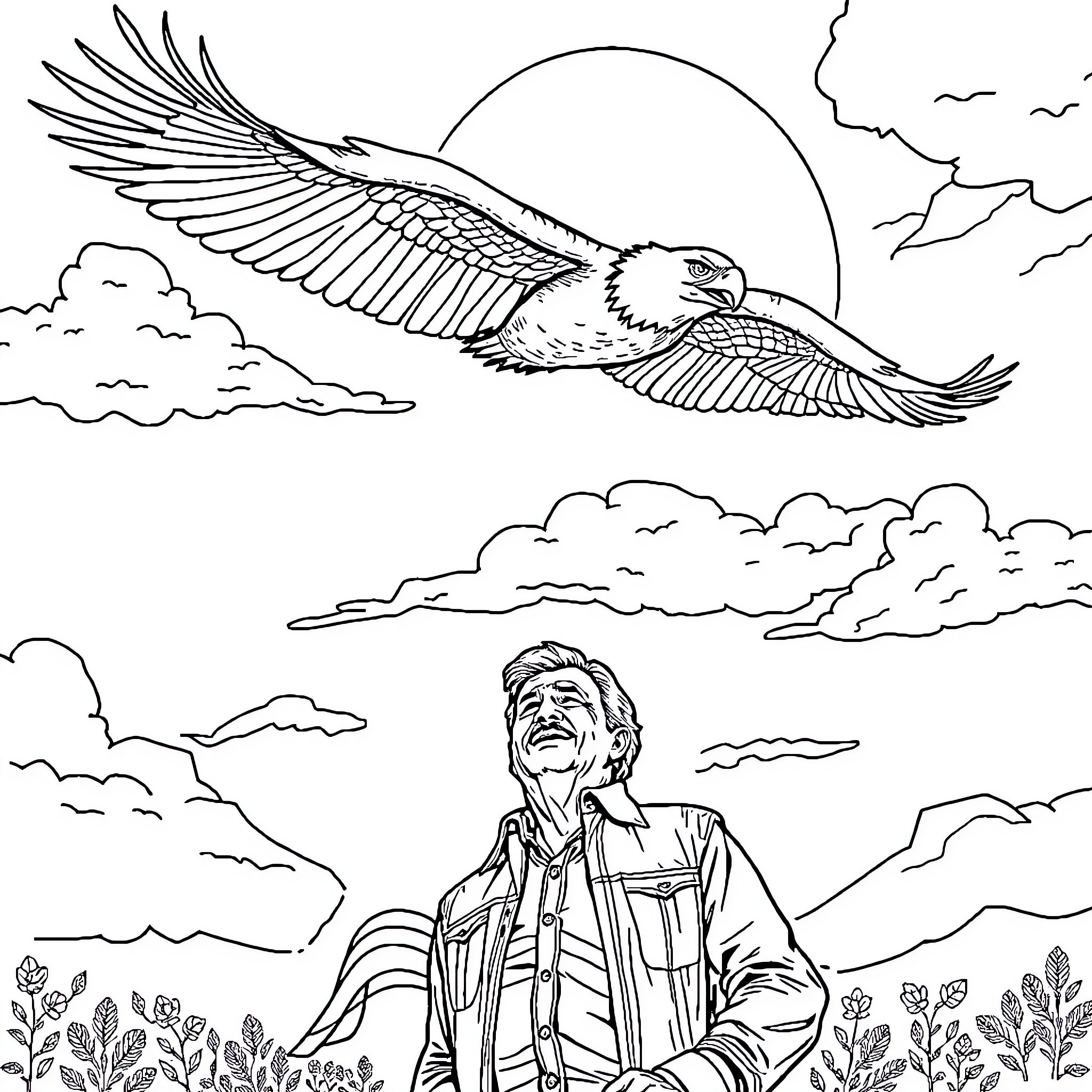 Eagle soaring majestically over the landscape Coloring Page (free black-and-white line drawing printable PDF for all, from beginners to advanced learners, including children, teens, adults, and seniors)