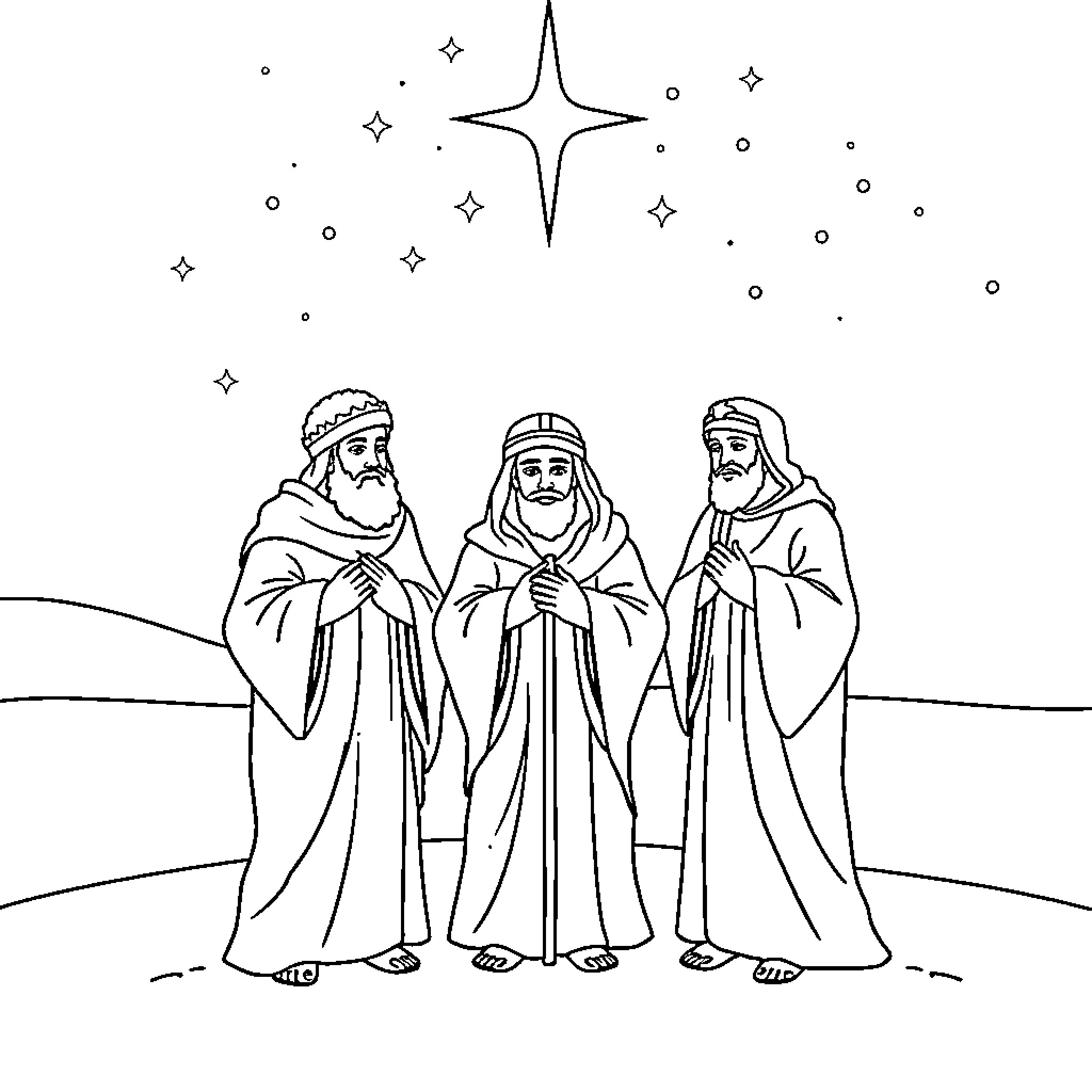Wise Men Gathering Under Bright Star Coloring Page (free black-and-white line drawing printable PDF for all, from beginners to advanced learners, including children, teens, adults, and seniors)