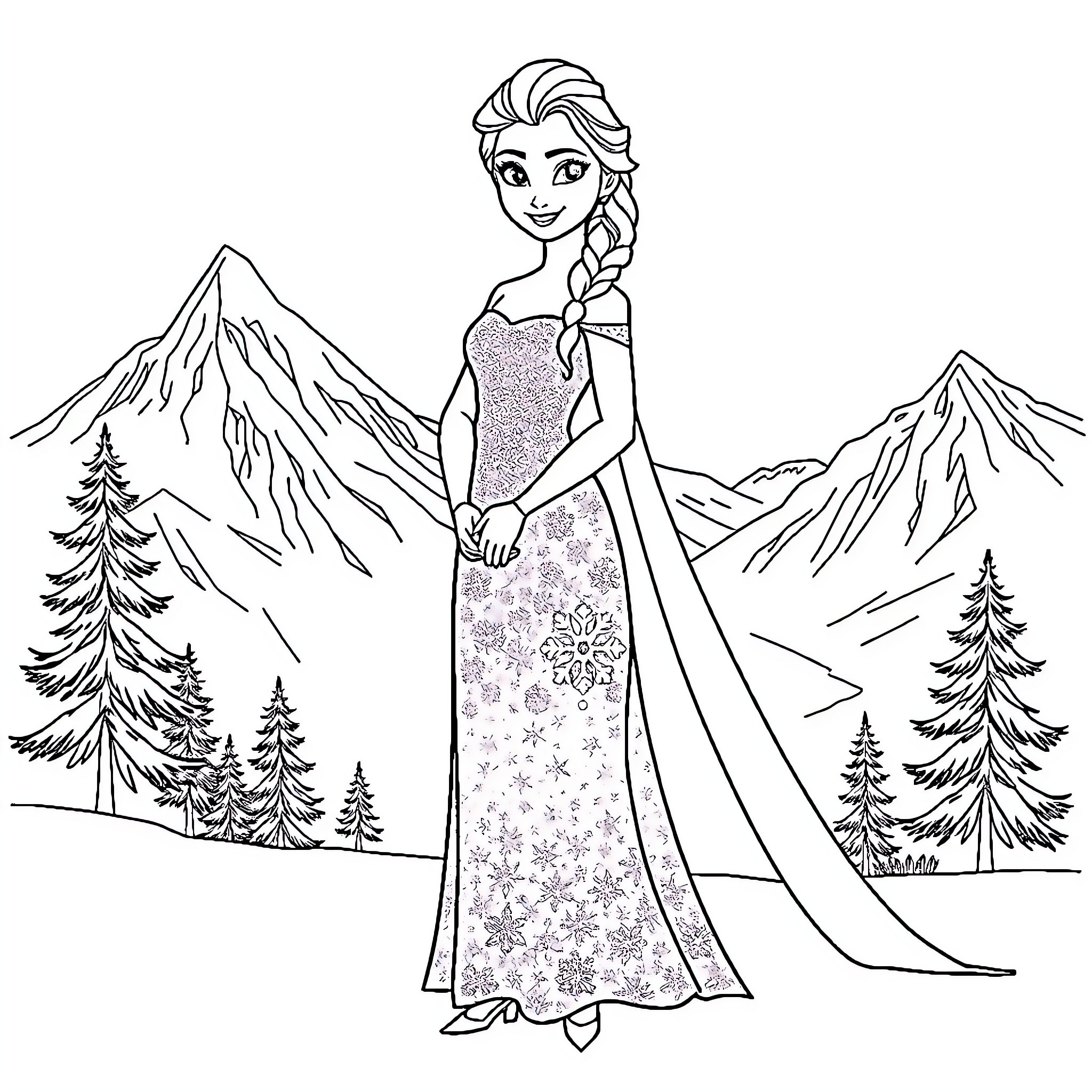 Elsa enjoying the mountain scenery in her winter outfit Coloring Page (free black-and-white line drawing printable PDF for all, from beginners to advanced learners, including children, teens, adults, and seniors)