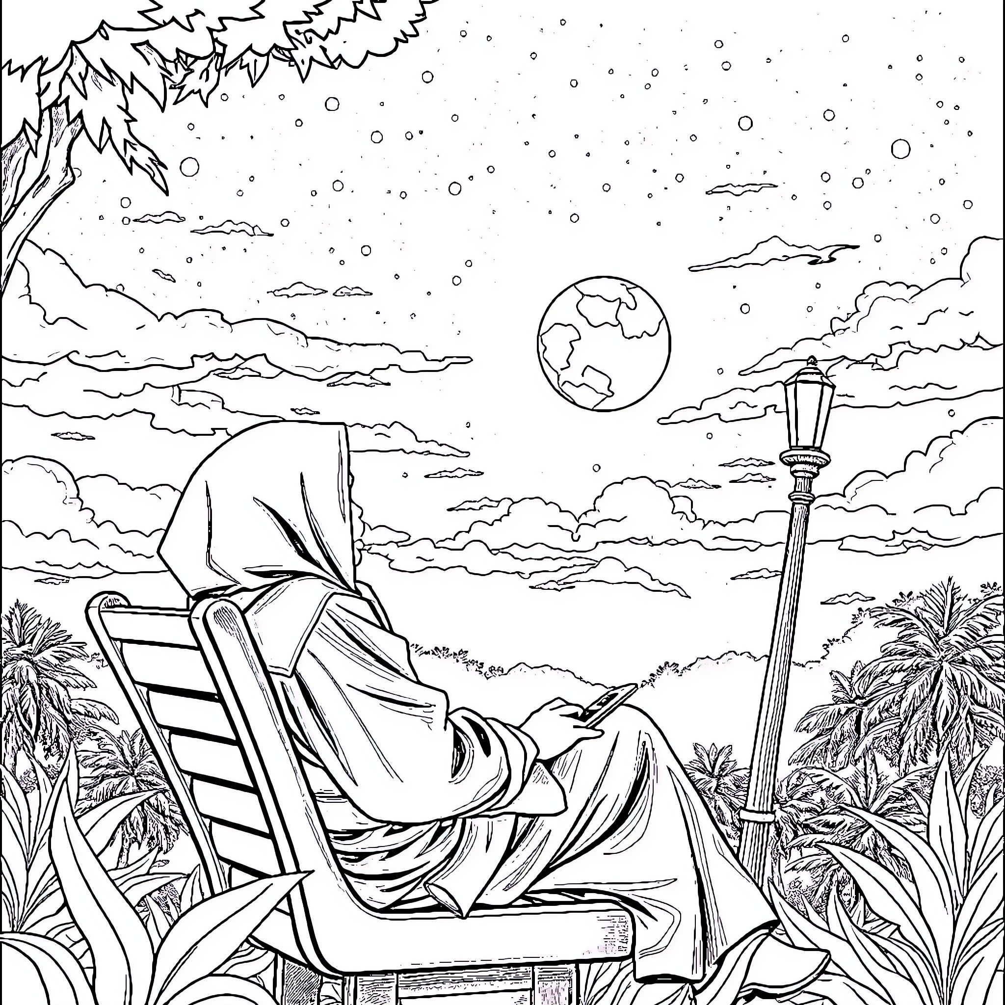 Pemuda enjoying a serene night in the tropics Coloring Page (free black-and-white line drawing printable PDF for all, from beginners to advanced learners, including children, teens, adults, and seniors)