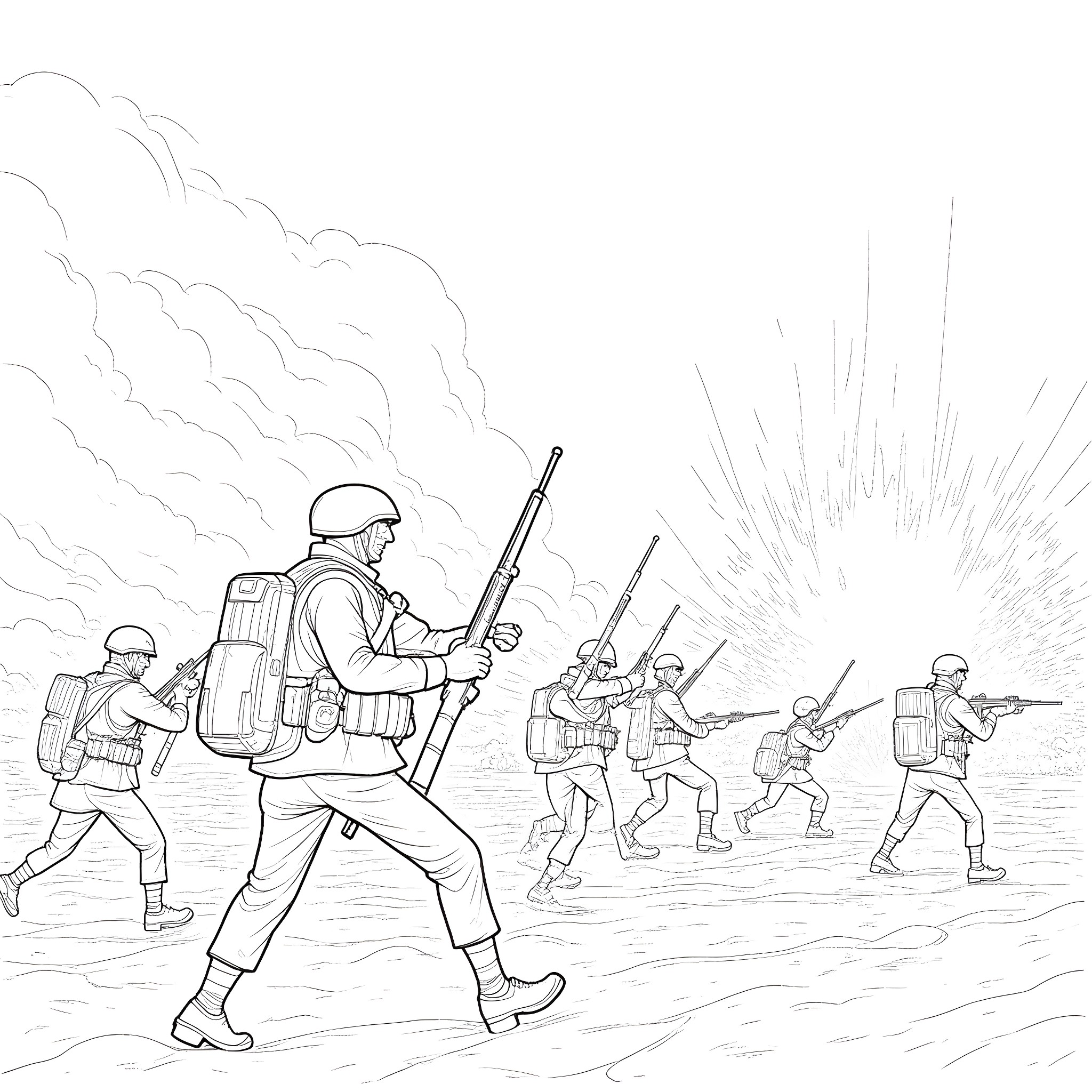War Scene with Armed Soldiers in Action Coloring Page (free black-and-white line drawing printable PDF for all, from beginners to advanced learners, including children, teens, adults, and seniors)