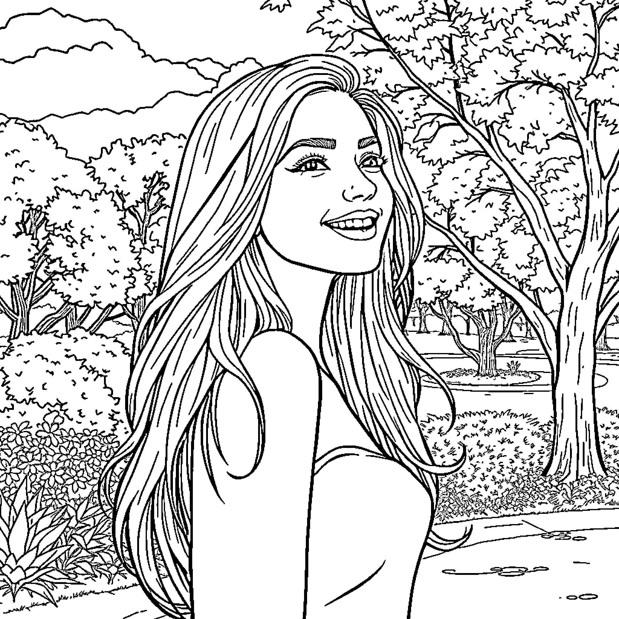 Girl relaxing in nature Coloring Page (free black-and-white line drawing printable PDF for all, from beginners to advanced learners, including children, teens, adults, and seniors)