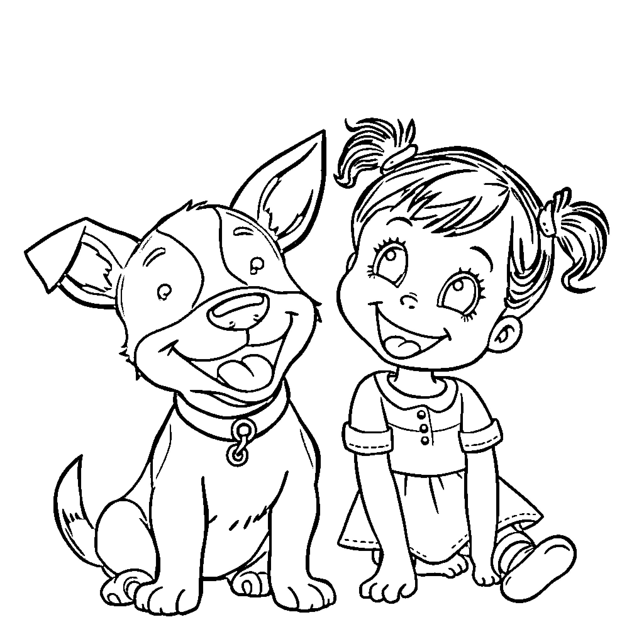 Terrier and girl having fun together Coloring Page (free black-and-white line drawing printable PDF for all, from beginners to advanced learners, including children, teens, adults, and seniors)