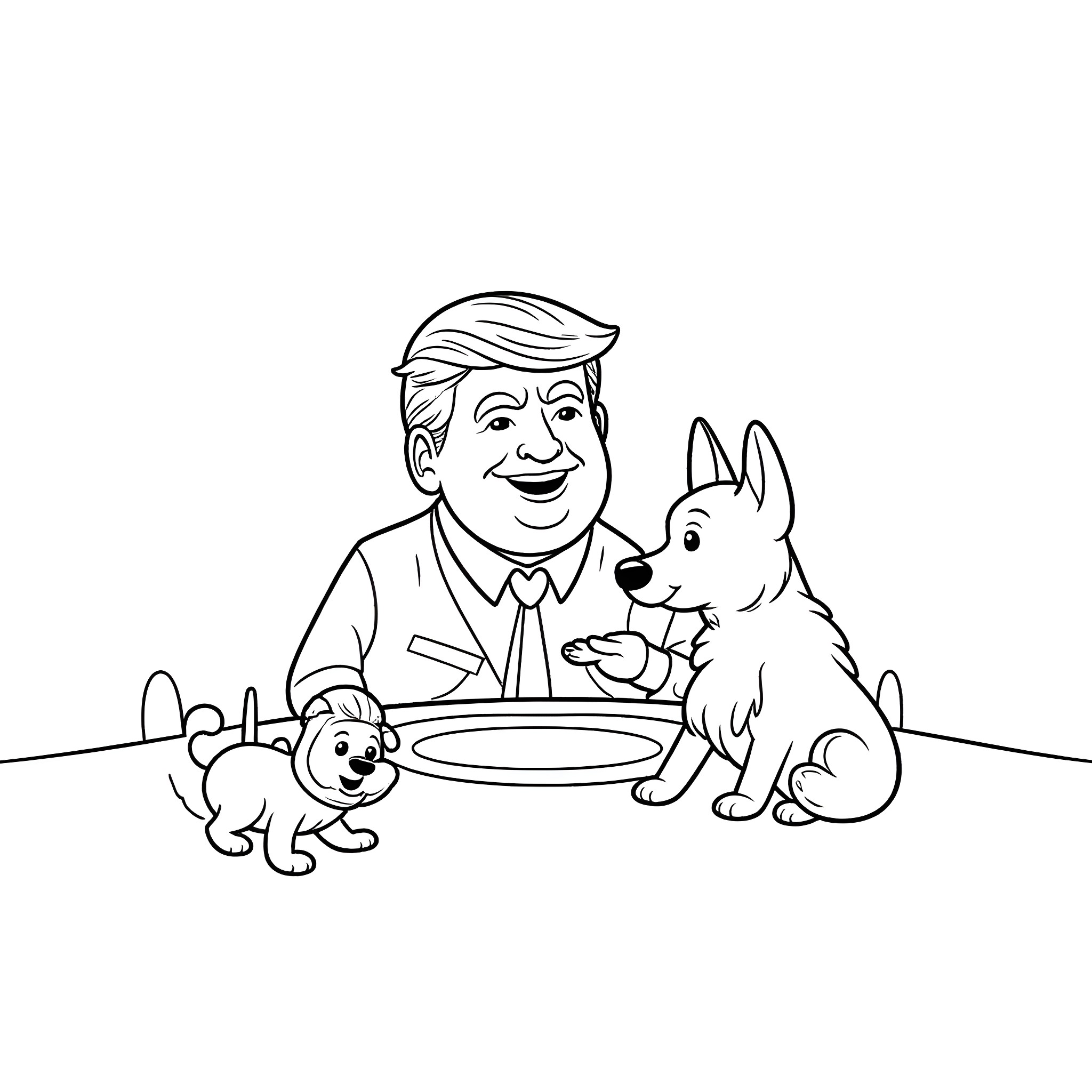 Donald Trump playing with his dogs in the yard Coloring Page (free black-and-white line drawing printable PDF for all, from beginners to advanced learners, including children, teens, adults, and seniors)