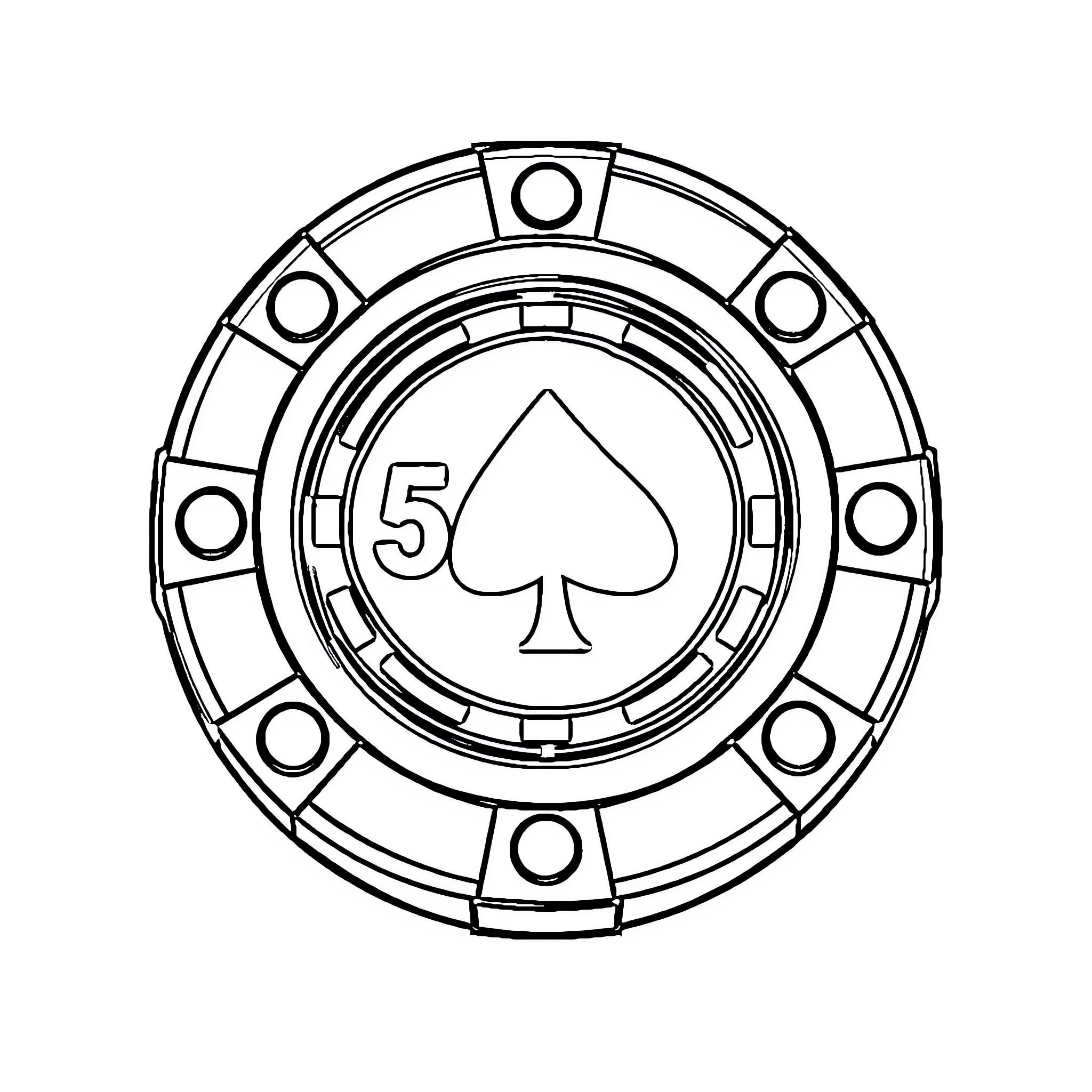 Poker Chip with Spade Suit Symbol Coloring Page (free black-and-white line drawing printable PDF for all, from beginners to advanced learners, including children, teens, adults, and seniors)