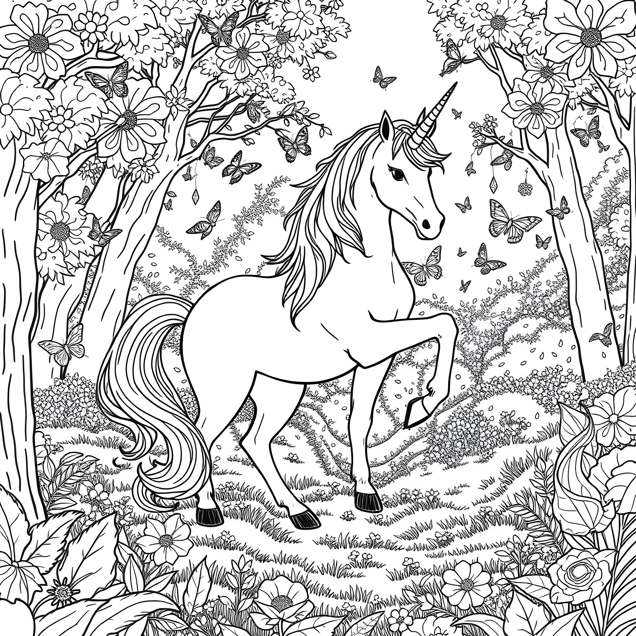 Unicorn frolicking in a magical floral meadow Coloring Page (free black-and-white line drawing printable PDF for all, from beginners to advanced learners, including children, teens, adults, and seniors)