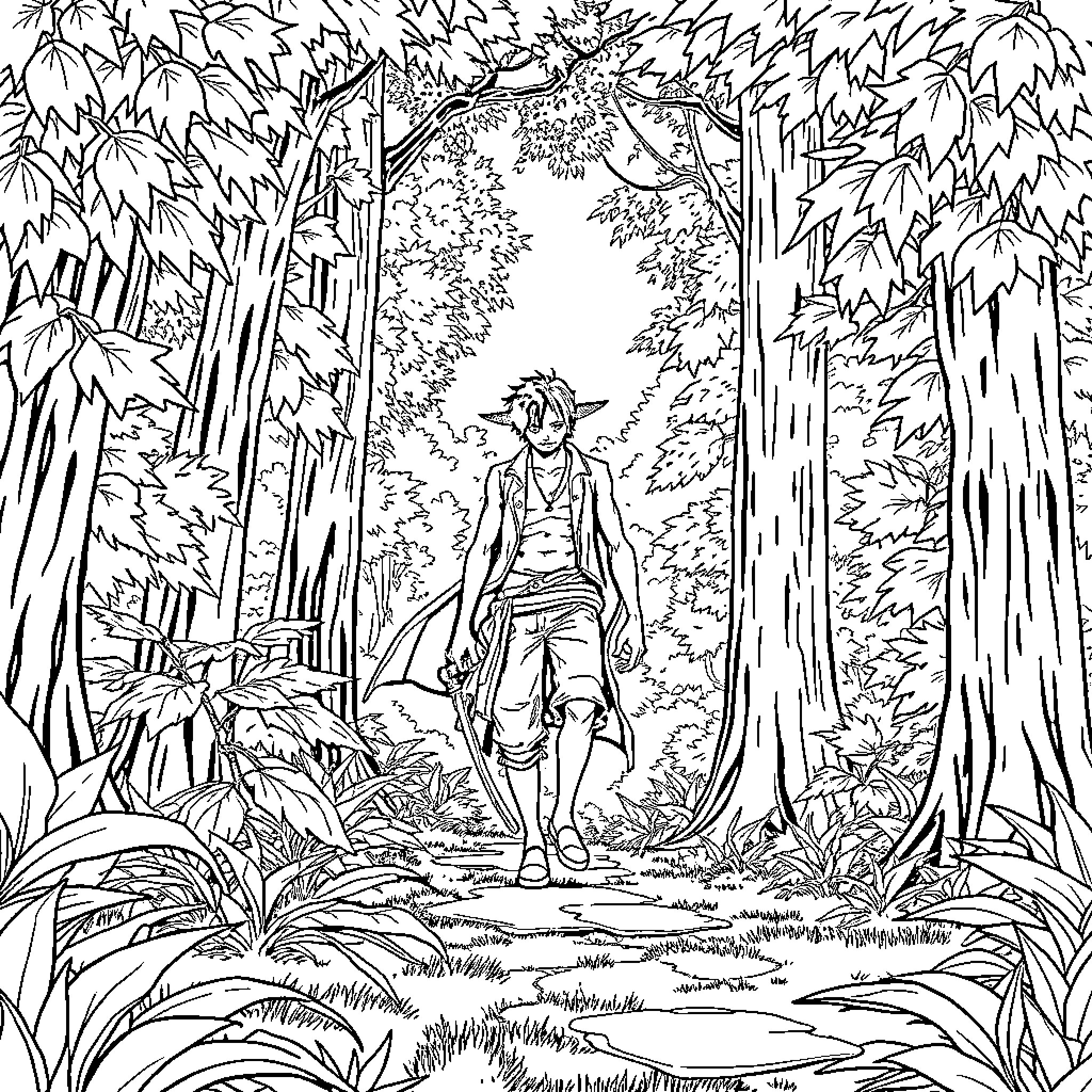 Zorro's adventure in the mysterious jungle Coloring Page (free black-and-white line drawing printable PDF for all, from beginners to advanced learners, including children, teens, adults, and seniors)