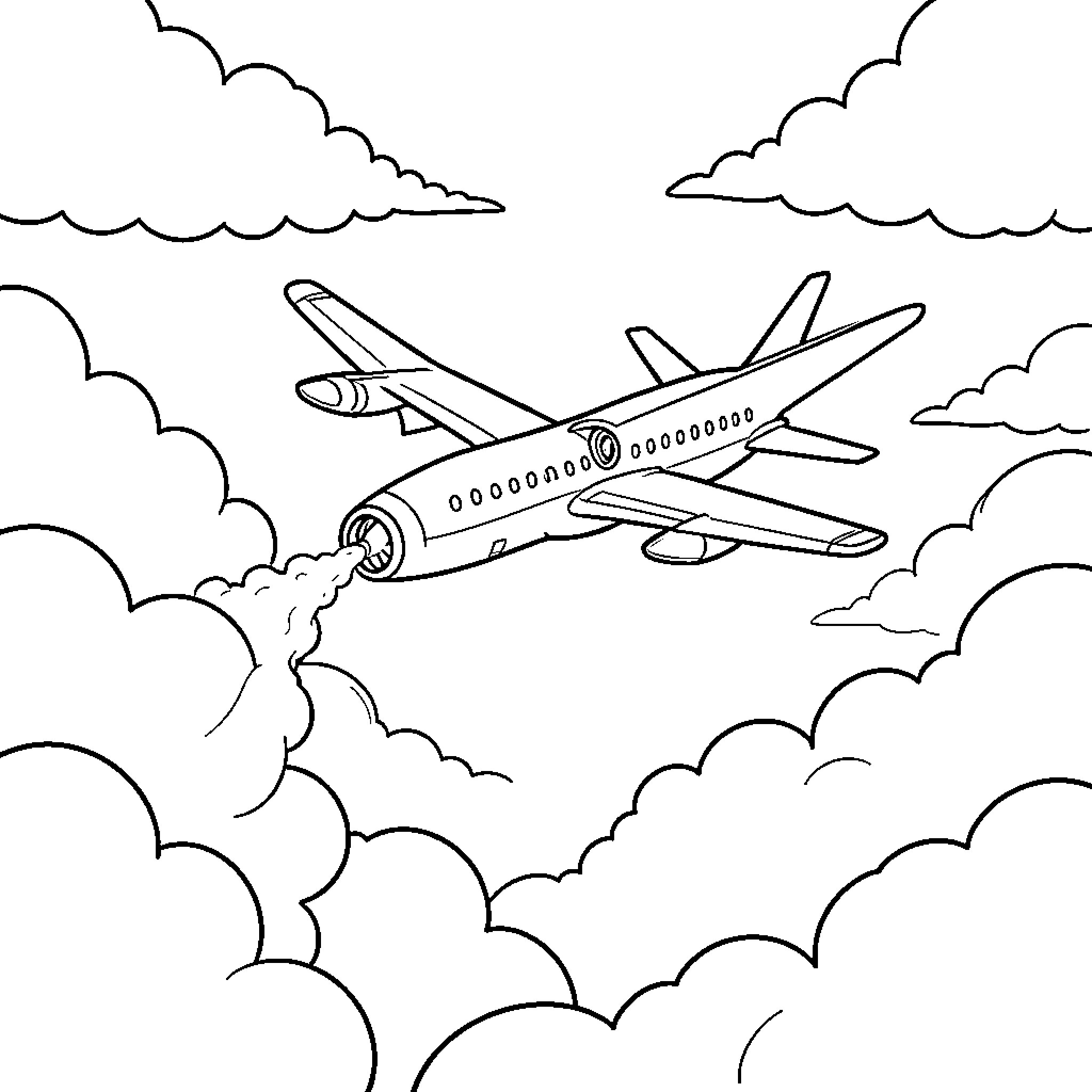 Airplane flying through a sky filled with clouds Coloring Page (free black-and-white line drawing printable PDF for all, from beginners to advanced learners, including children, teens, adults, and seniors)