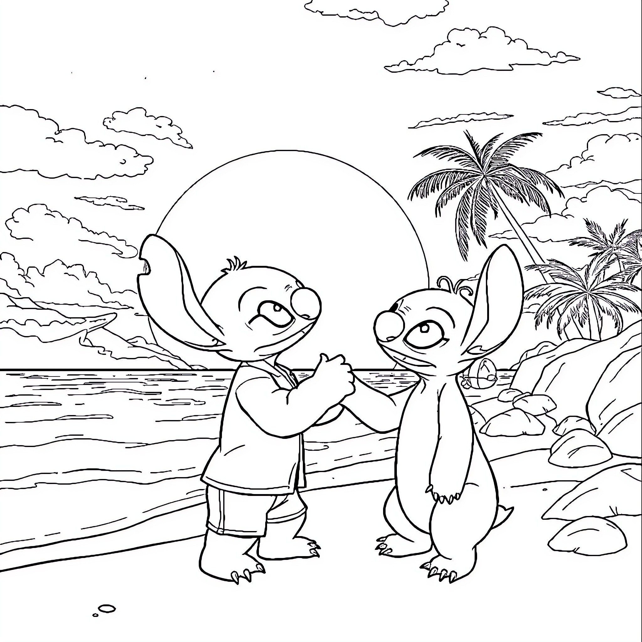 Stitch and Angel's Tropical Adventure Coloring Page (free black-and-white line drawing printable PDF for all, from beginners to advanced learners, including children, teens, adults, and seniors)