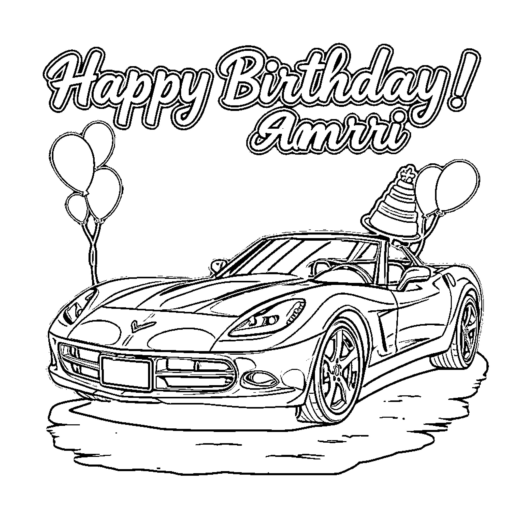 Corvette celebrating birthday with balloons and cake Coloring Page (free black-and-white line drawing printable PDF for all, from beginners to advanced learners, including children, teens, adults, and seniors)