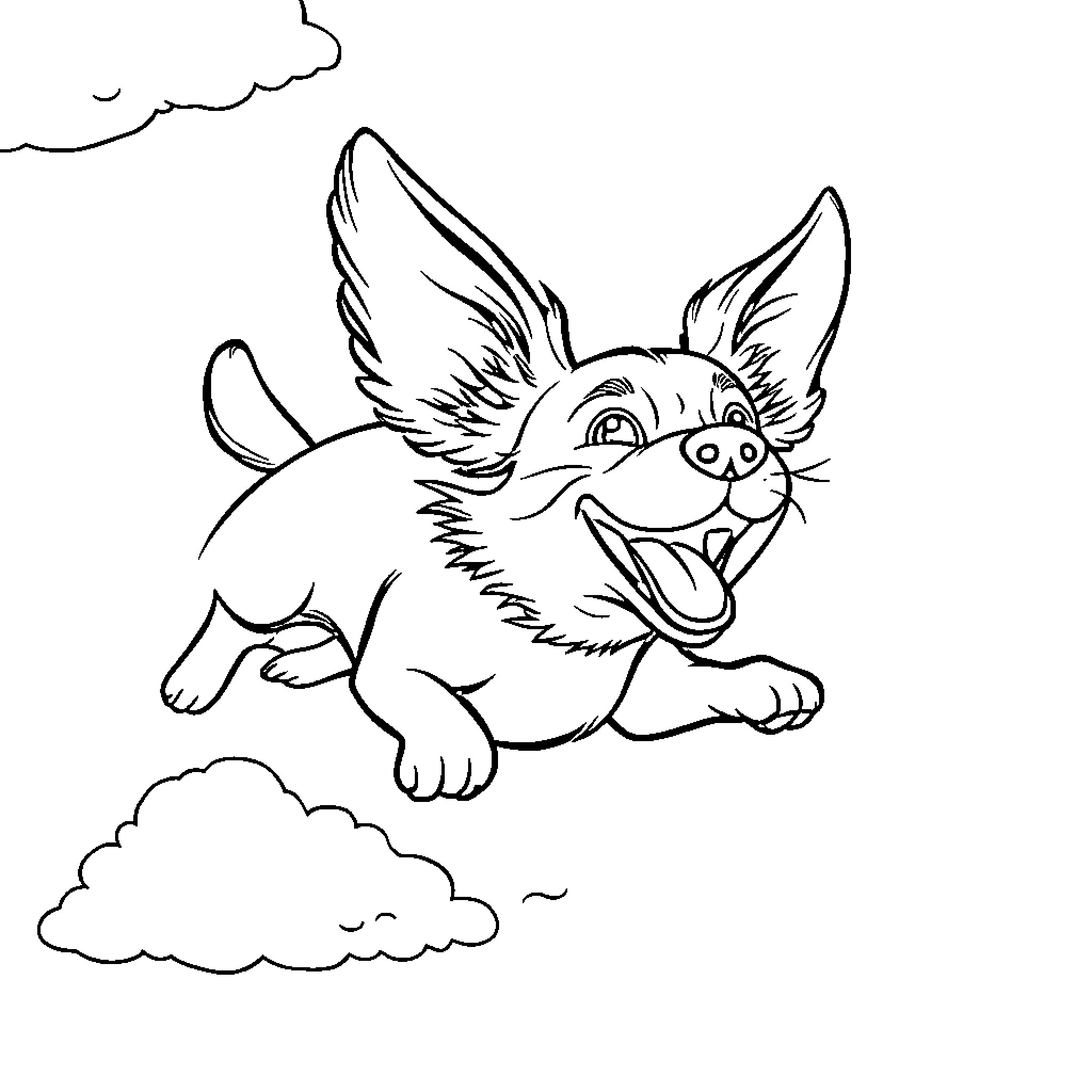 Dog playing happily in the clouds Coloring Page (free black-and-white line drawing printable PDF for all, from beginners to advanced learners, including children, teens, adults, and seniors)