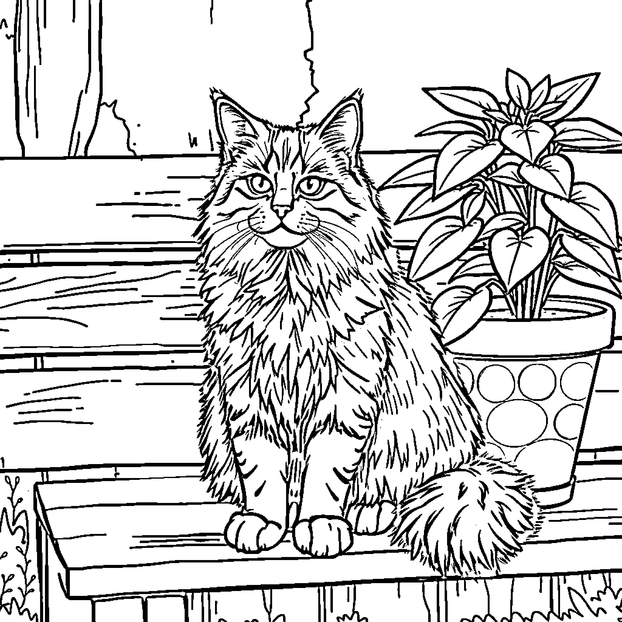 Maine Coon cat relaxing in a flower-filled garden Coloring Page (free black-and-white line drawing printable PDF for all, from beginners to advanced learners, including children, teens, adults, and seniors)