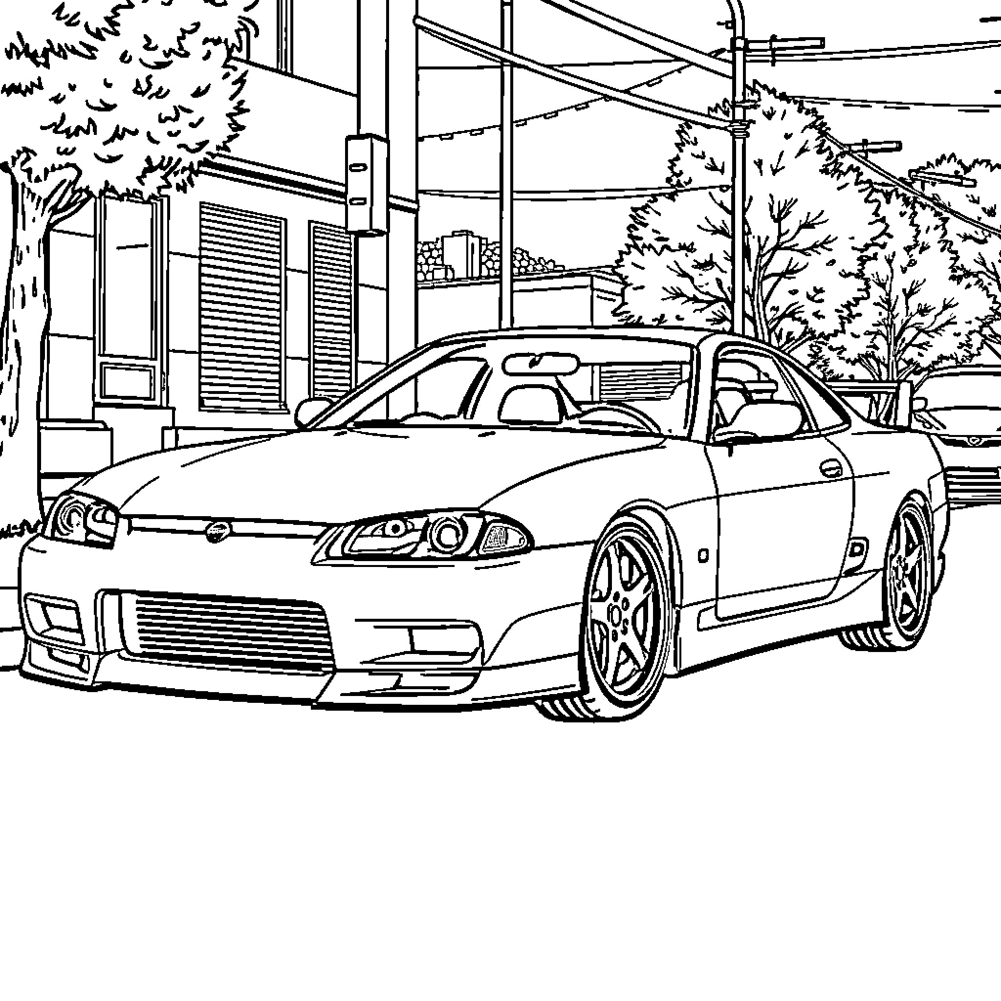 Nissan Sports Car in Urban Setting Coloring Page (free black-and-white line drawing printable PDF for all, from beginners to advanced learners, including children, teens, adults, and seniors)