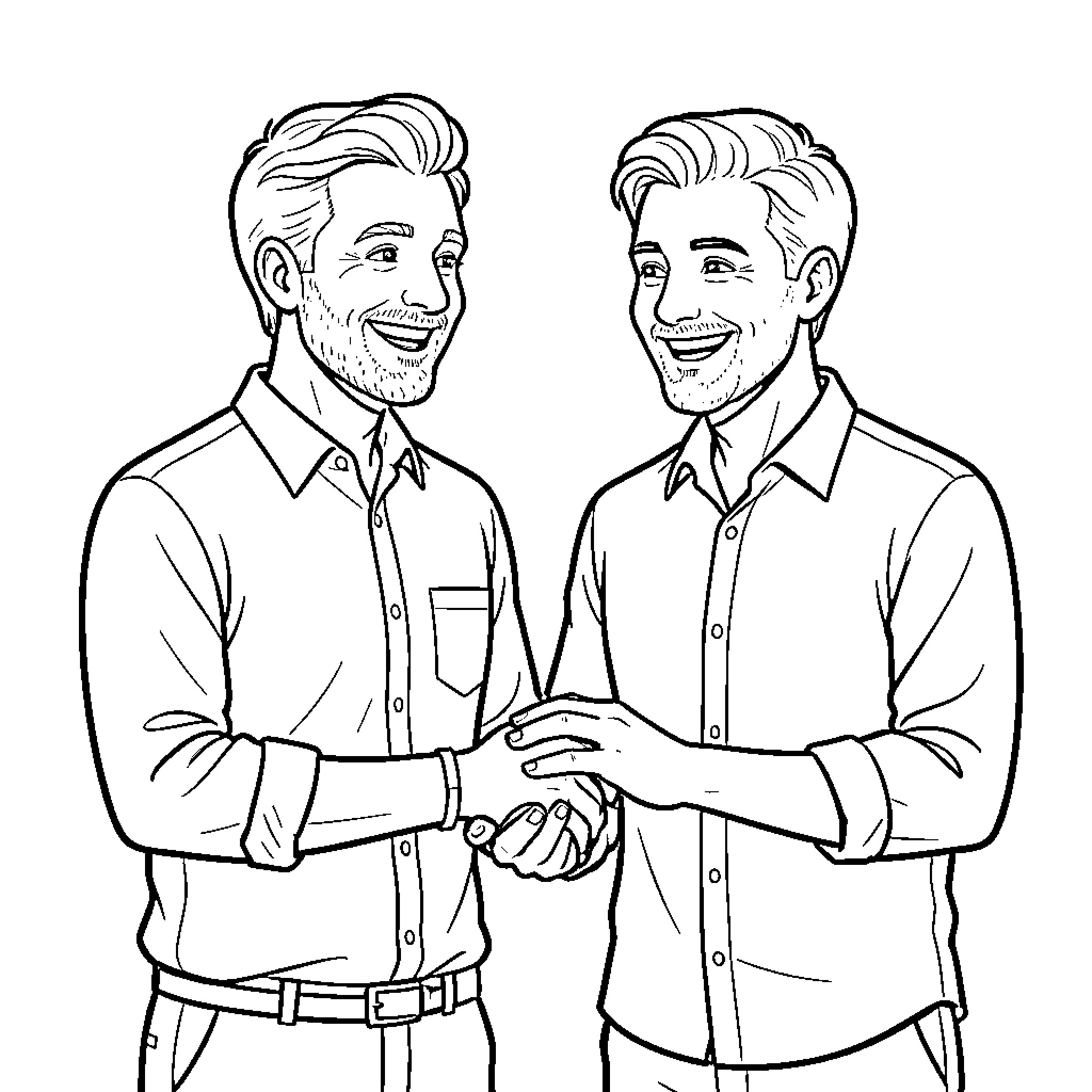Husband warmly greeting and shaking hands Coloring Page (free black-and-white line drawing printable PDF for all, from beginners to advanced learners, including children, teens, adults, and seniors)