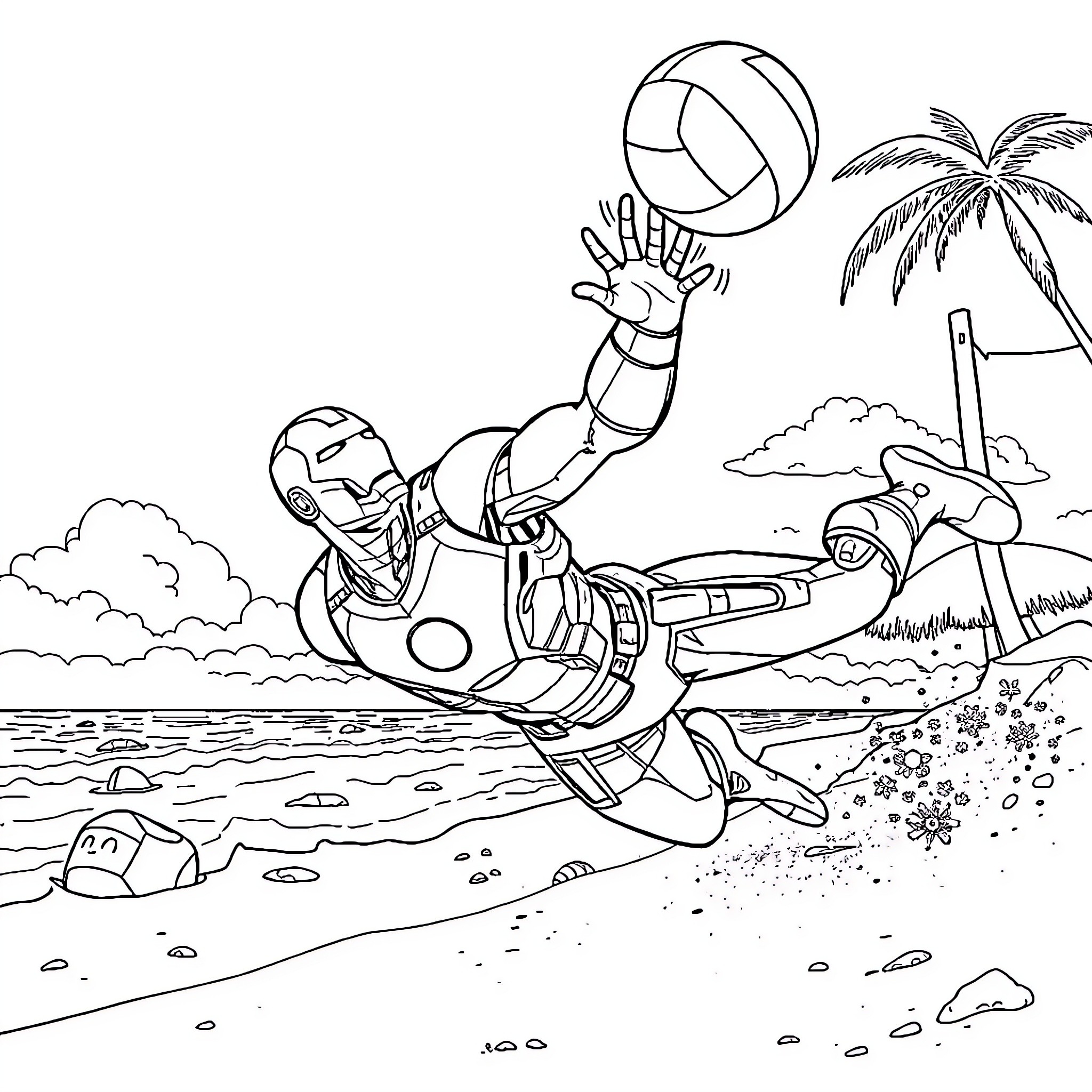 Ironman playing beach volleyball in tropical setting Coloring Page (free black-and-white line drawing printable PDF for all, from beginners to advanced learners, including children, teens, adults, and seniors)
