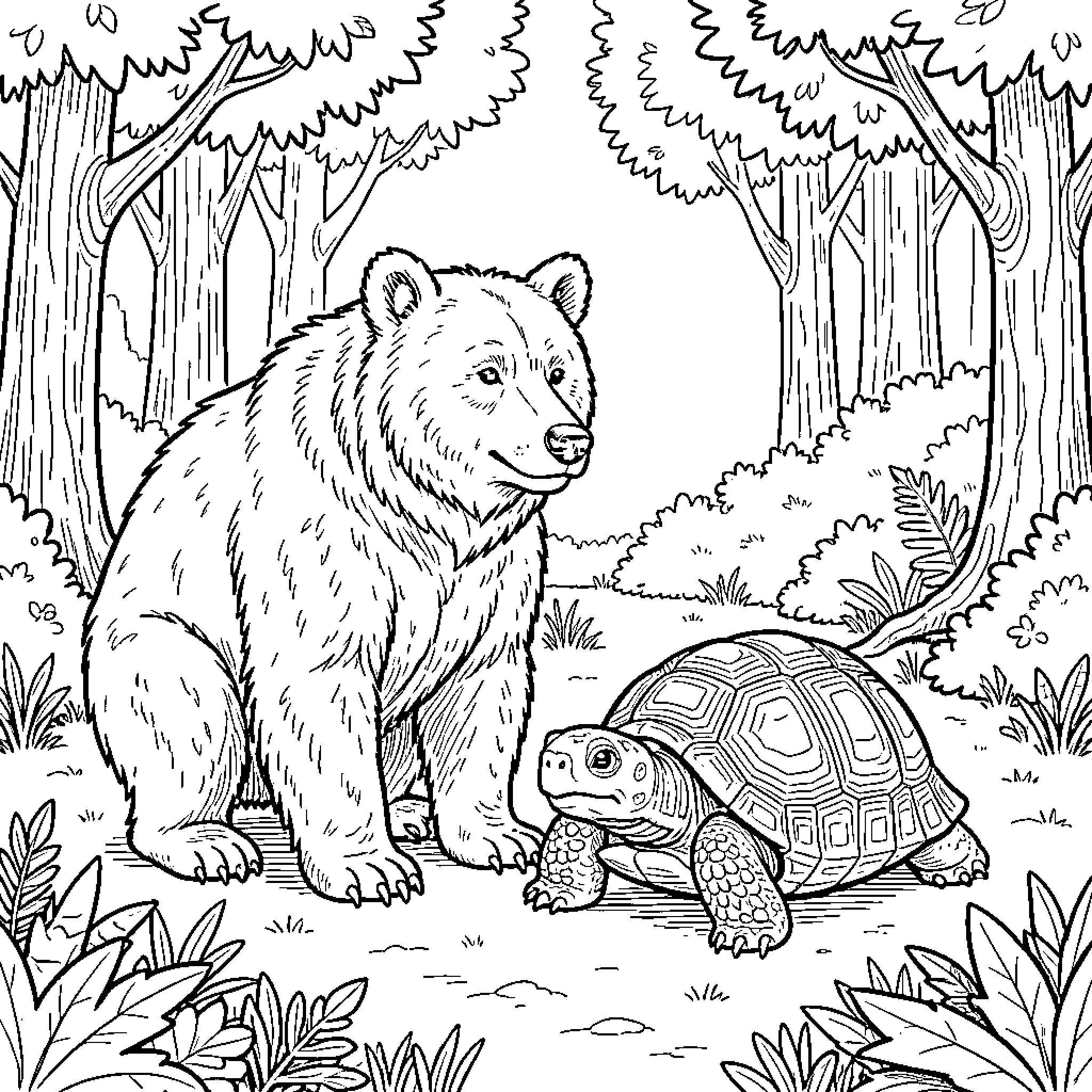 Bear and Turtle in Woodland Forest Coloring Page (free black-and-white line drawing printable PDF for all, from beginners to advanced learners, including children, teens, adults, and seniors)