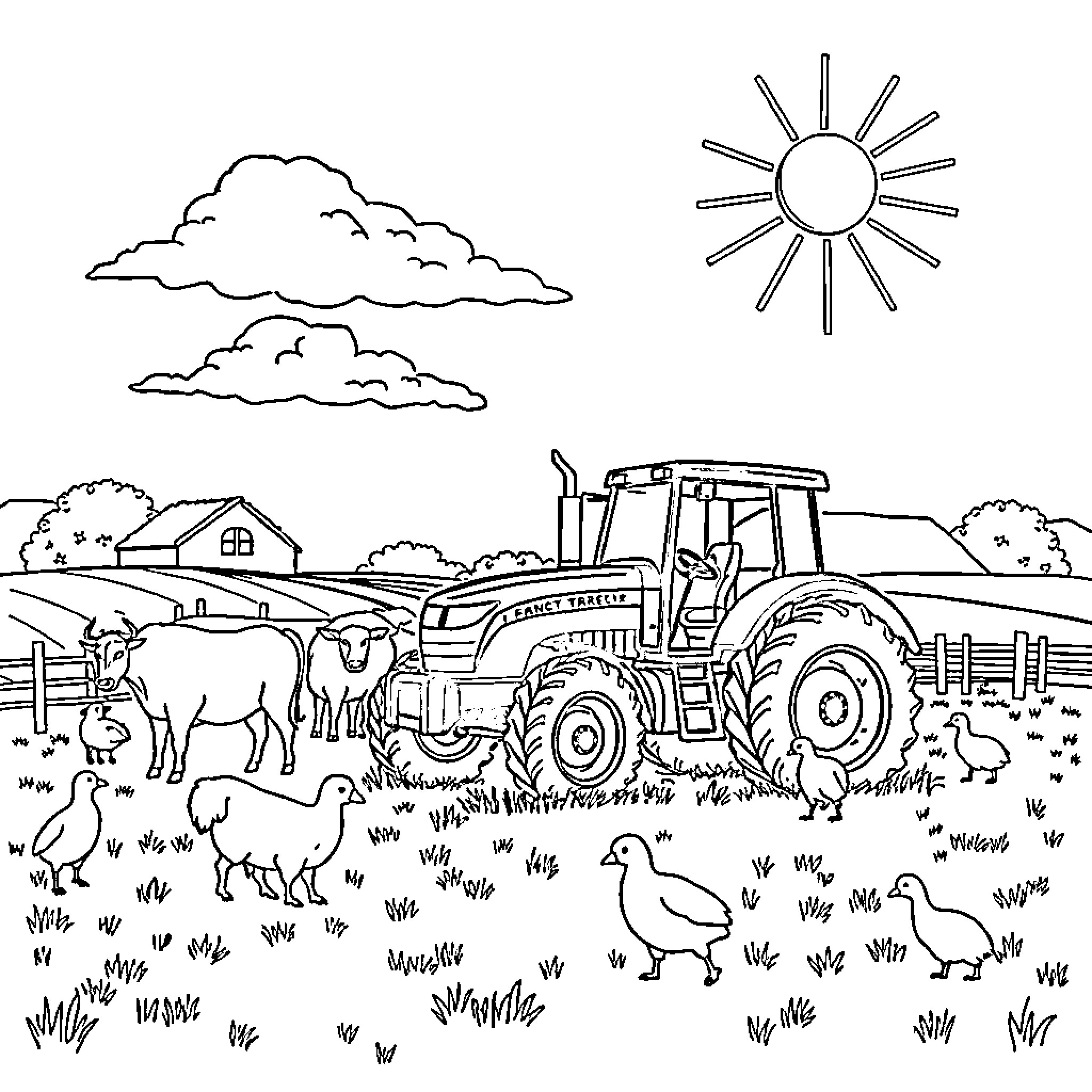 Tractor working on a farm with animals Coloring Page (free black-and-white line drawing printable PDF for all, from beginners to advanced learners, including children, teens, adults, and seniors)
