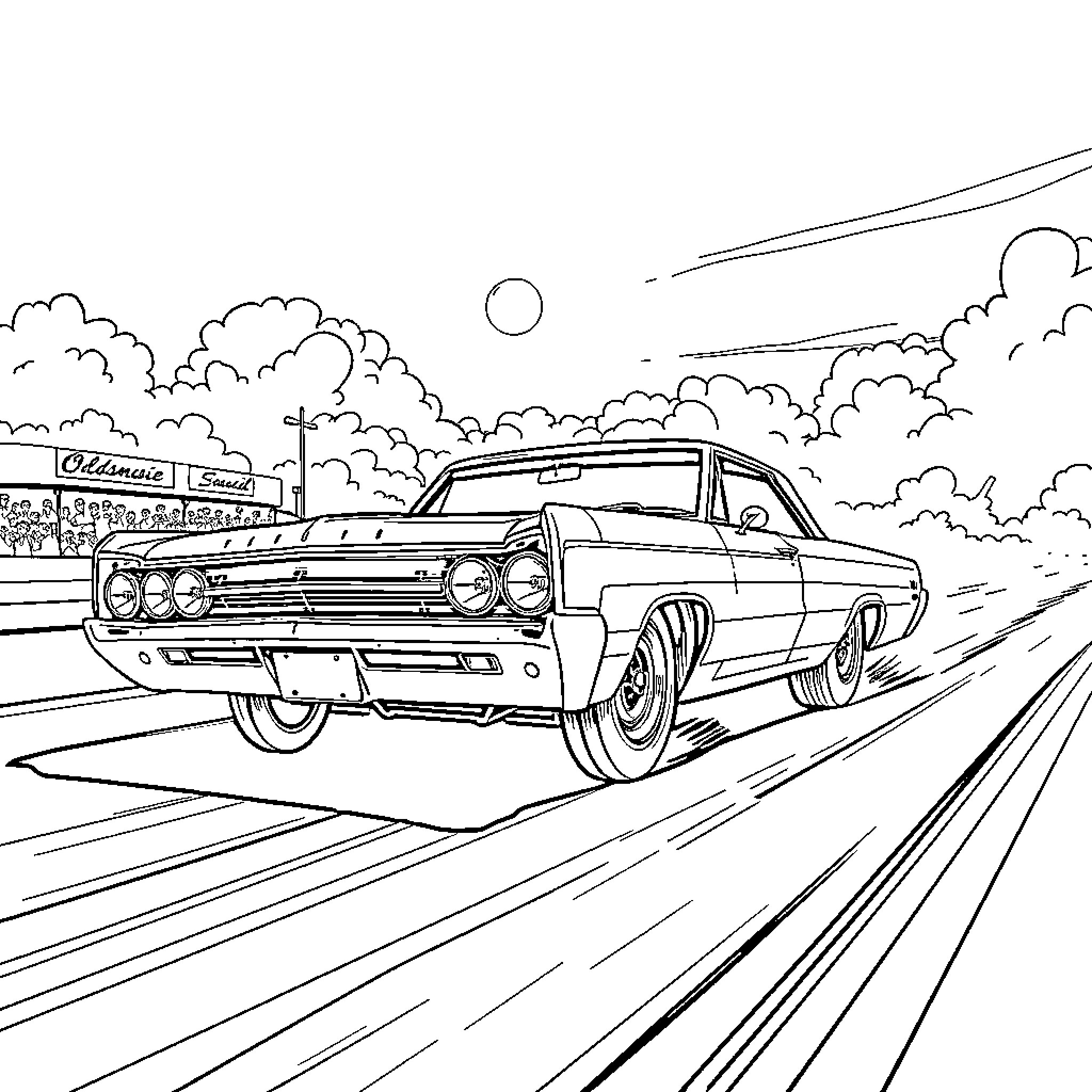 Oldsmobile speeding through cloudy landscape Coloring Page (free black-and-white line drawing printable PDF for all, from beginners to advanced learners, including children, teens, adults, and seniors)