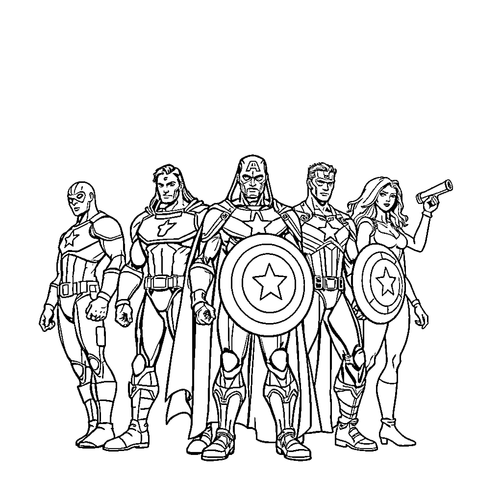 Avenger Superheroes in Action-Ready Poses Coloring Page (free black-and-white line drawing printable PDF for all, from beginners to advanced learners, including children, teens, adults, and seniors)