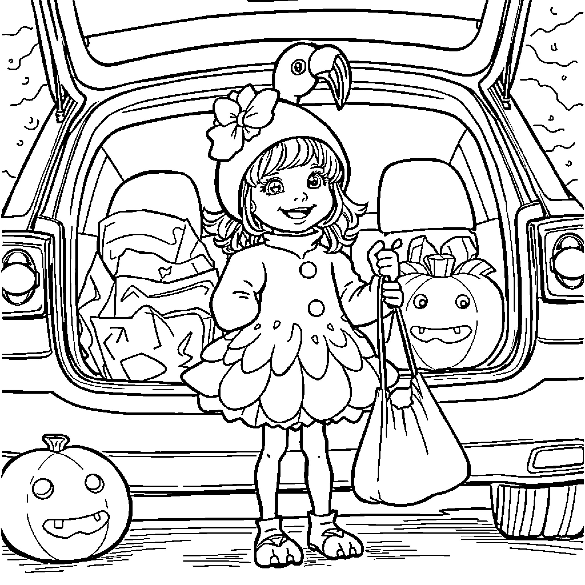 Girl dressed as a parrot standing in car trunk Coloring Page (free black-and-white line drawing printable PDF for all, from beginners to advanced learners, including children, teens, adults, and seniors)