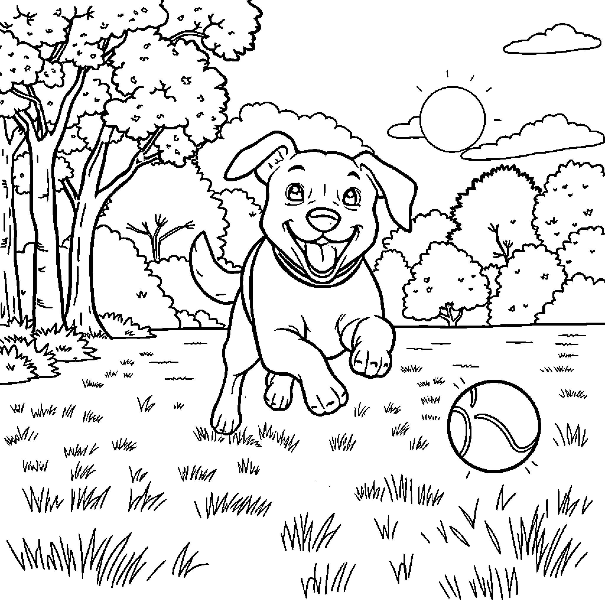 Dog playing joyfully in the park Coloring Page (free black-and-white line drawing printable PDF for all, from beginners to advanced learners, including children, teens, adults, and seniors)