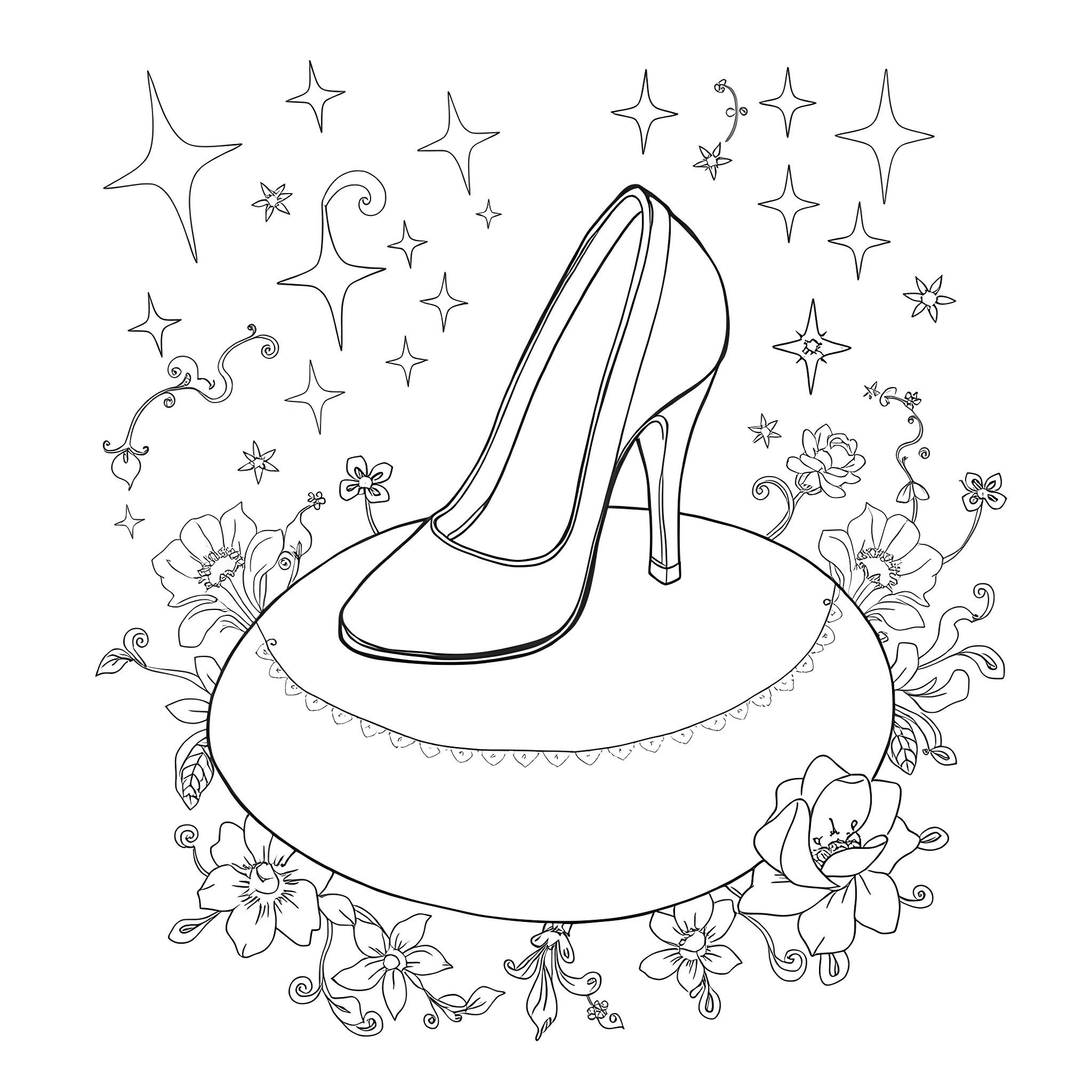 Cinderella's Glass Slipper and Floral Accents Coloring Page (free black-and-white line drawing printable PDF for all, from beginners to advanced learners, including children, teens, adults, and seniors)