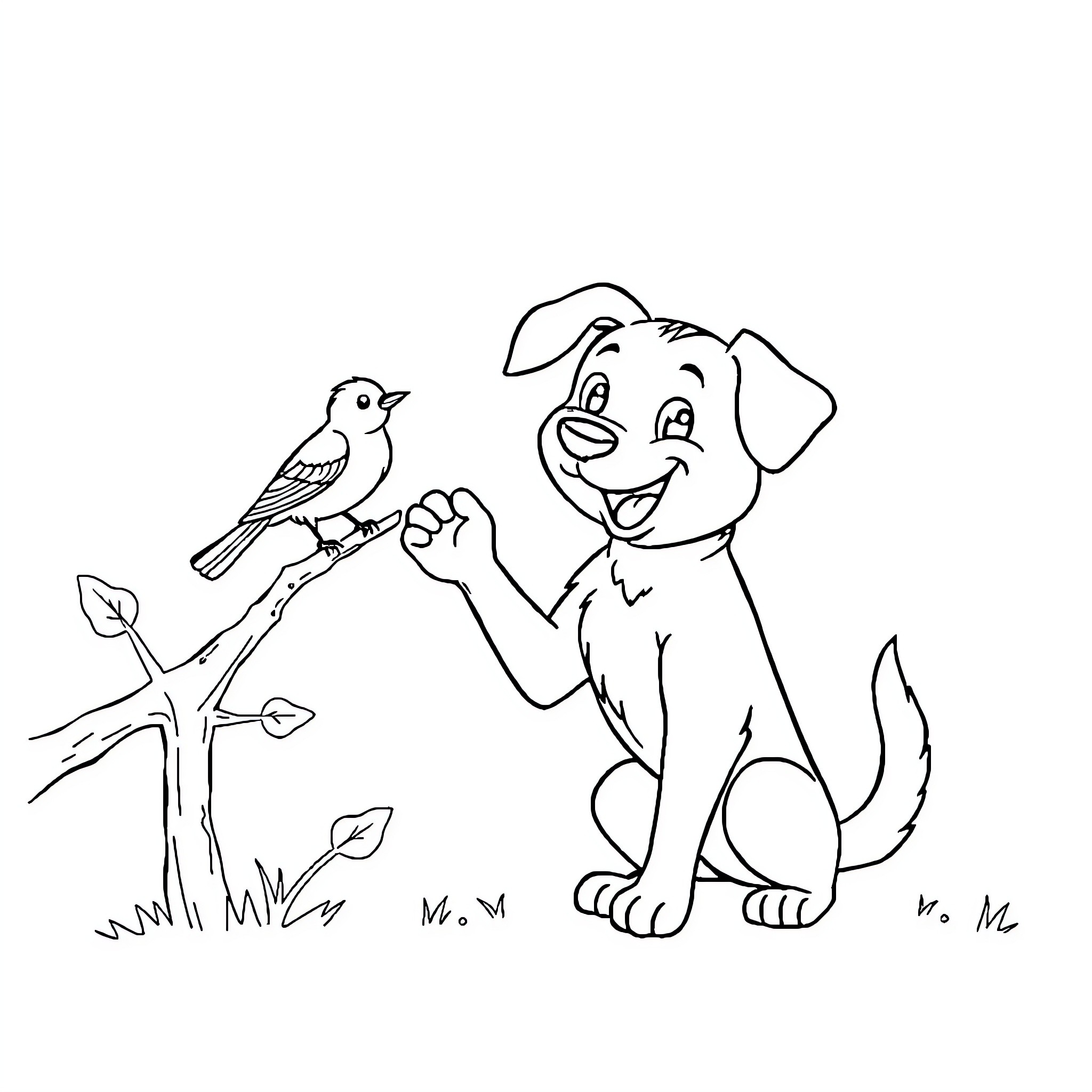 Dog Happily Interacting with Bird in Nature Coloring Page (free black-and-white line drawing printable PDF for all, from beginners to advanced learners, including children, teens, adults, and seniors)