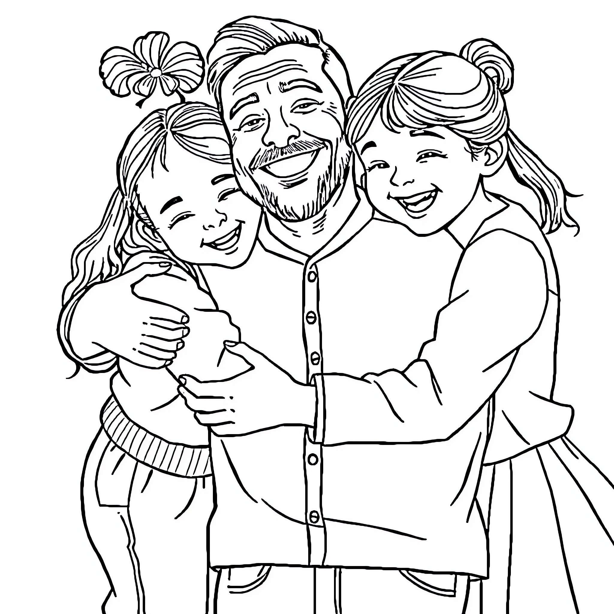 Girl and her happy family posing together Coloring Page (free black-and-white line drawing printable PDF for all, from beginners to advanced learners, including children, teens, adults, and seniors)