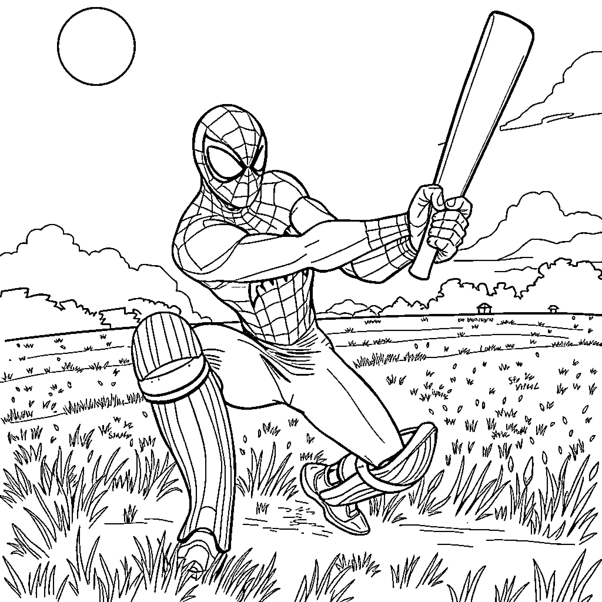 Spider-Man swinging into action in the countryside Coloring Page (free black-and-white line drawing printable PDF for all, from beginners to advanced learners, including children, teens, adults, and seniors)