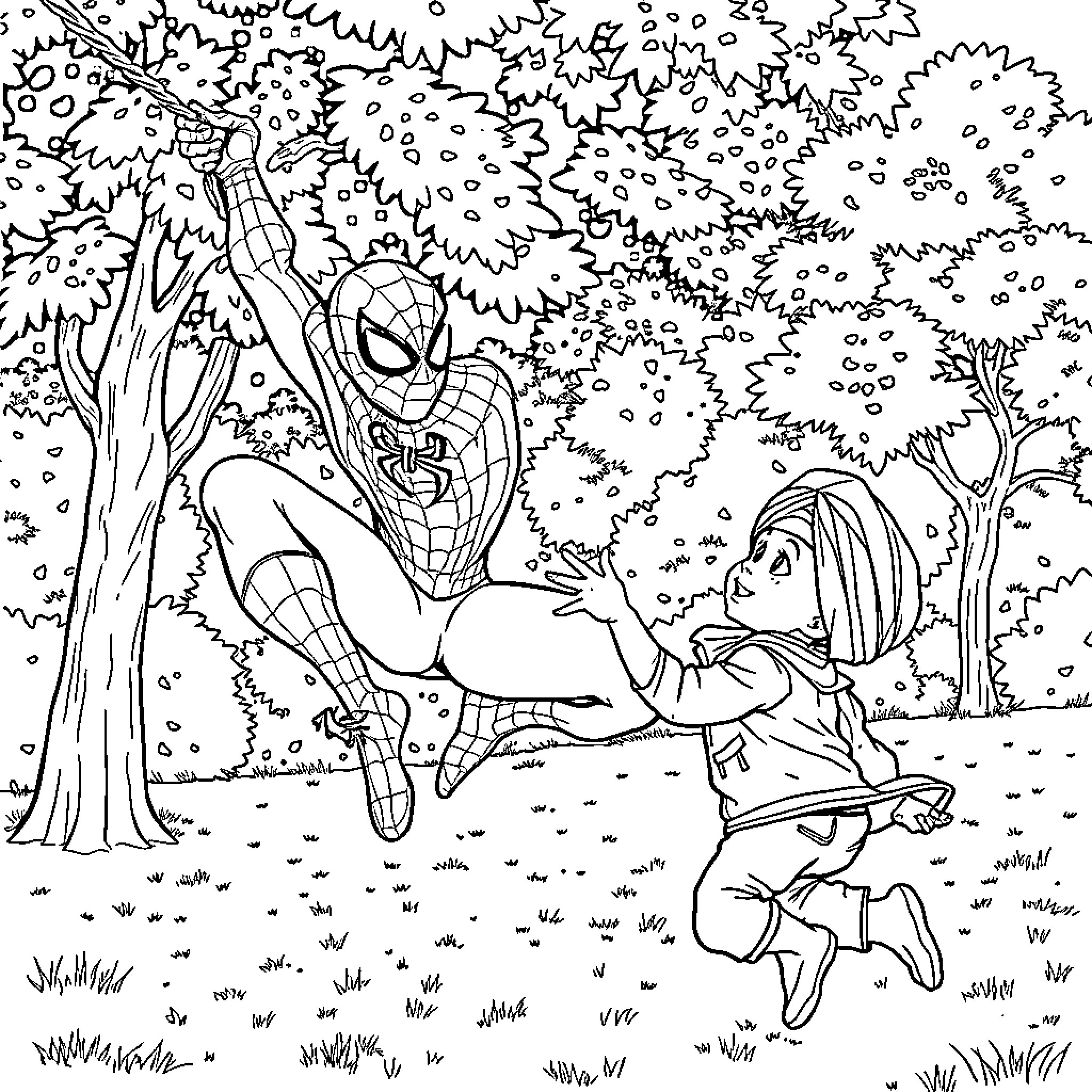 Spiderman playfully interacting with a child in the forest Coloring Page (free black-and-white line drawing printable PDF for all, from beginners to advanced learners, including children, teens, adults, and seniors)