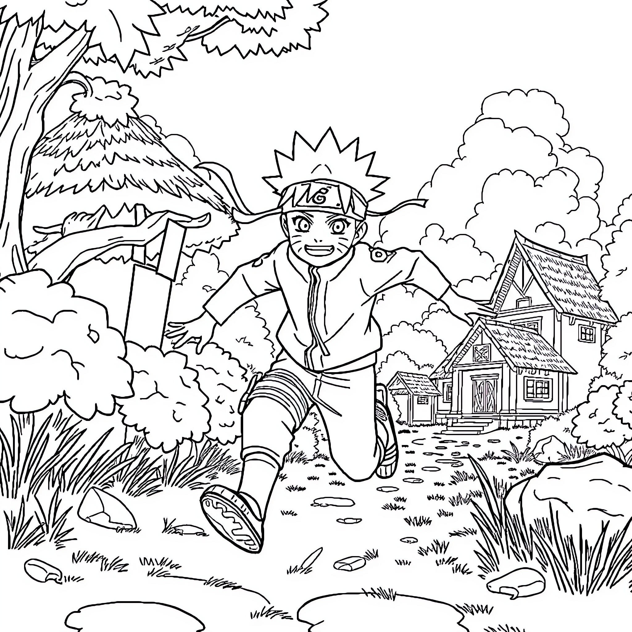 Naruto exploring the rural countryside Coloring Page (free black-and-white line drawing printable PDF for all, from beginners to advanced learners, including children, teens, adults, and seniors)