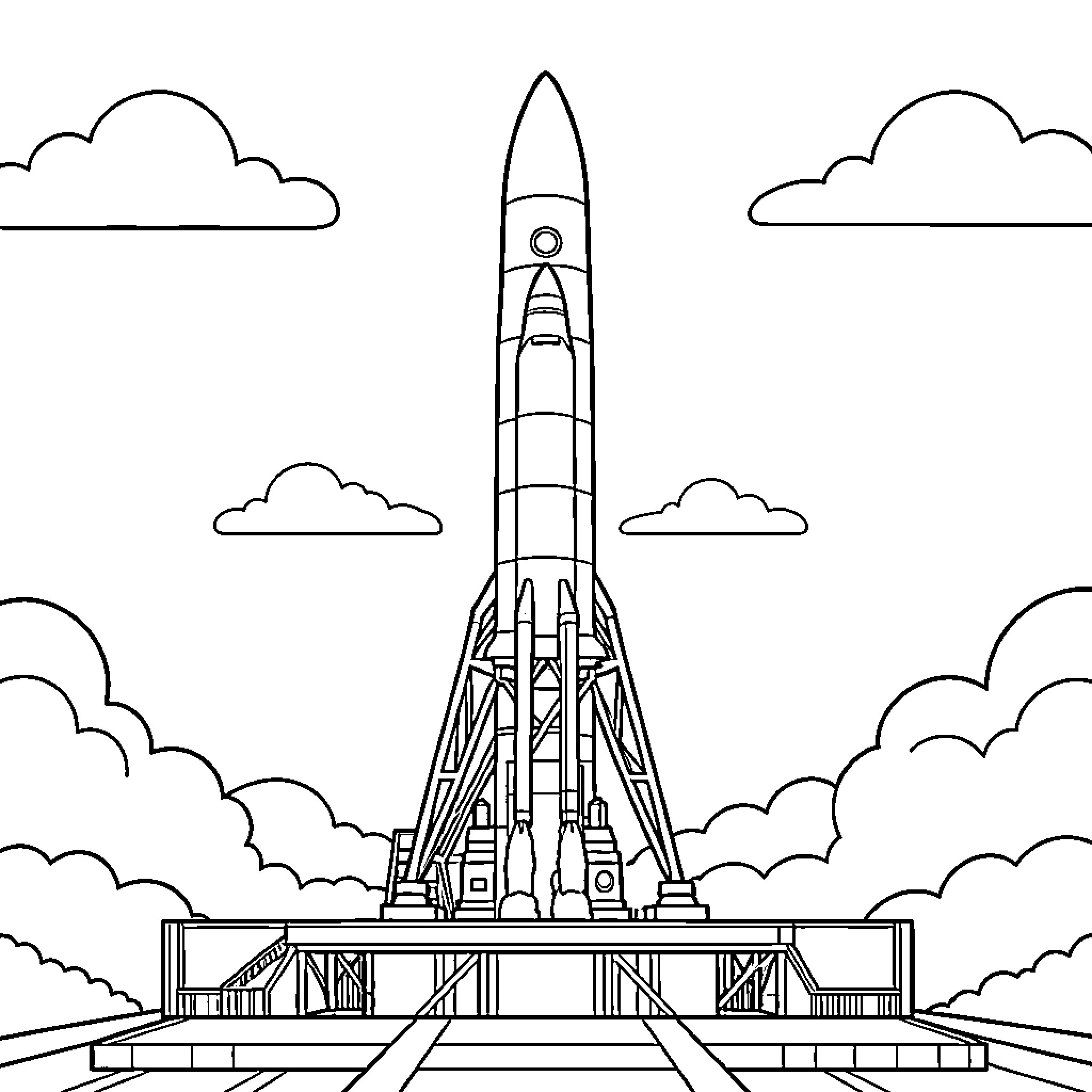 Rocket launching into the sky Coloring Page (free black-and-white line drawing printable PDF for all, from beginners to advanced learners, including children, teens, adults, and seniors)