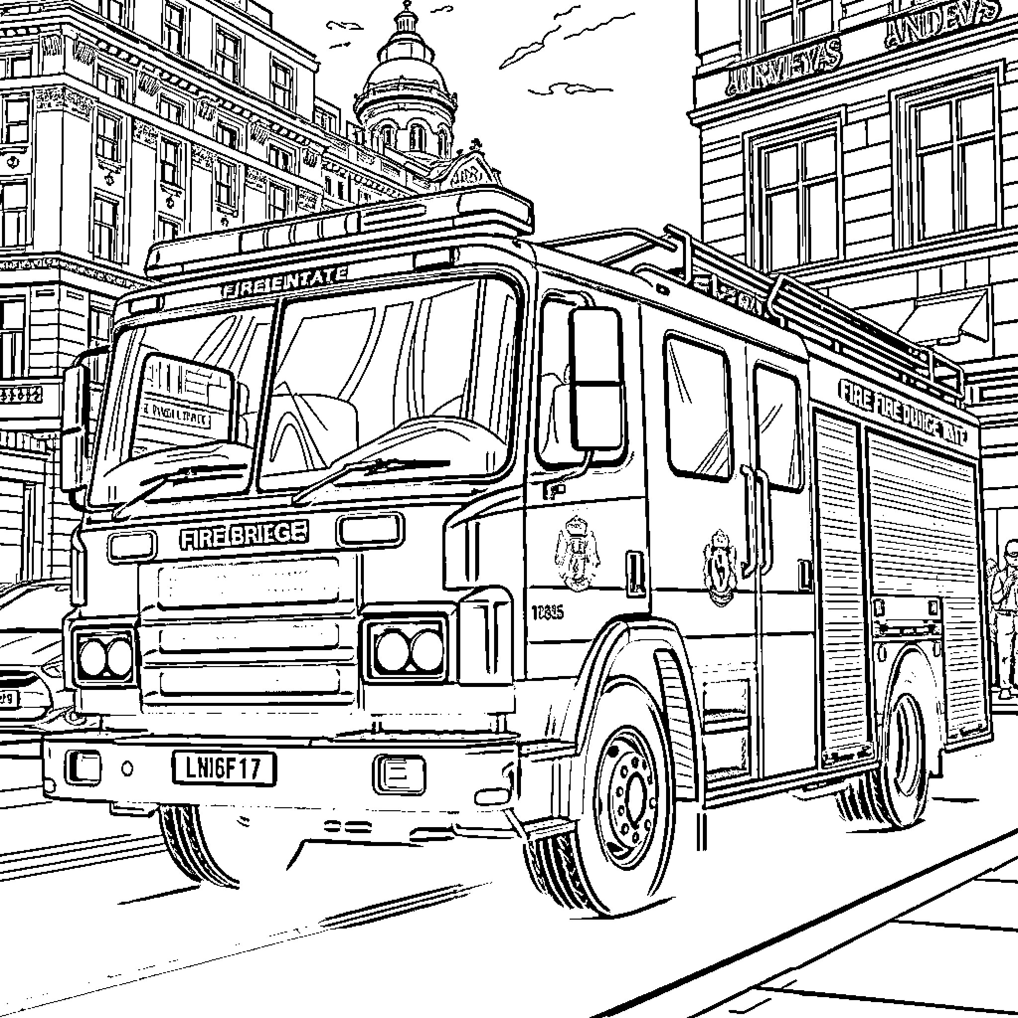 Fire Engine Rushing to Emergency Scene in City Coloring Page (free black-and-white line drawing printable PDF for all, from beginners to advanced learners, including children, teens, adults, and seniors)