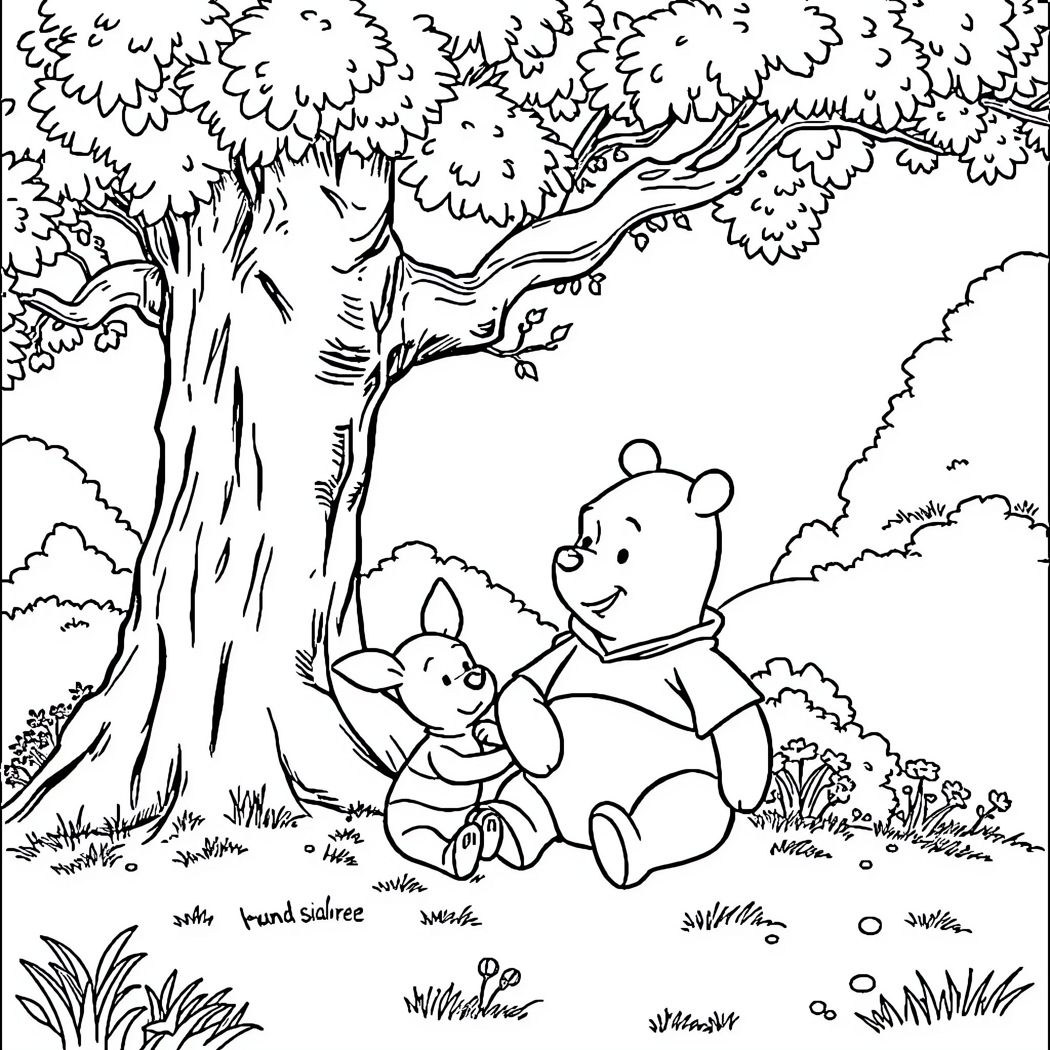 Winnie The Pooh enjoying a peaceful moment with friend Coloring Page (free black-and-white line drawing printable PDF for all, from beginners to advanced learners, including children, teens, adults, and seniors)