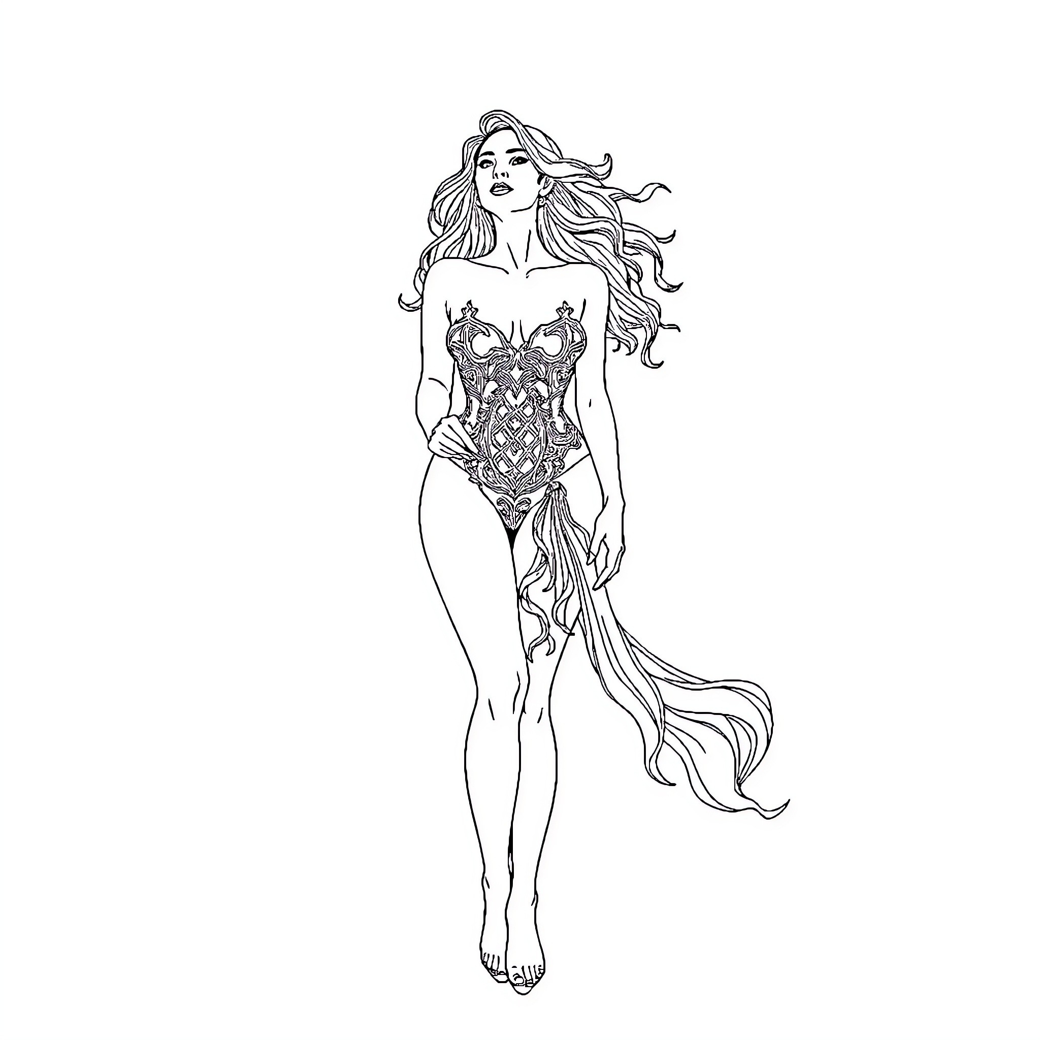 Aitana's Elegant Mermaid Attire Coloring Page (free black-and-white line drawing printable PDF for all, from beginners to advanced learners, including children, teens, adults, and seniors)