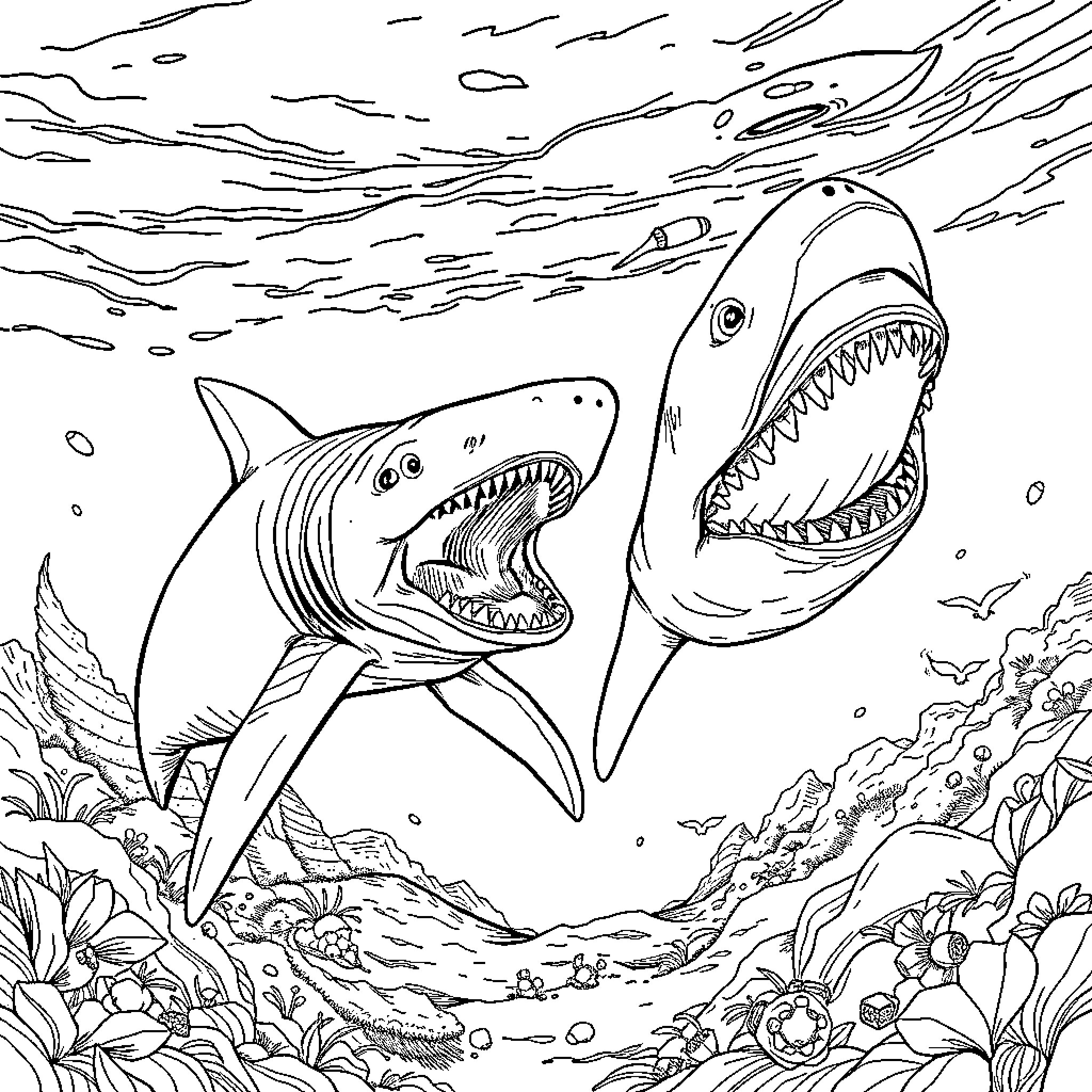 Megalodon sharks hunting in the deep sea Coloring Page (free black-and-white line drawing printable PDF for all, from beginners to advanced learners, including children, teens, adults, and seniors)