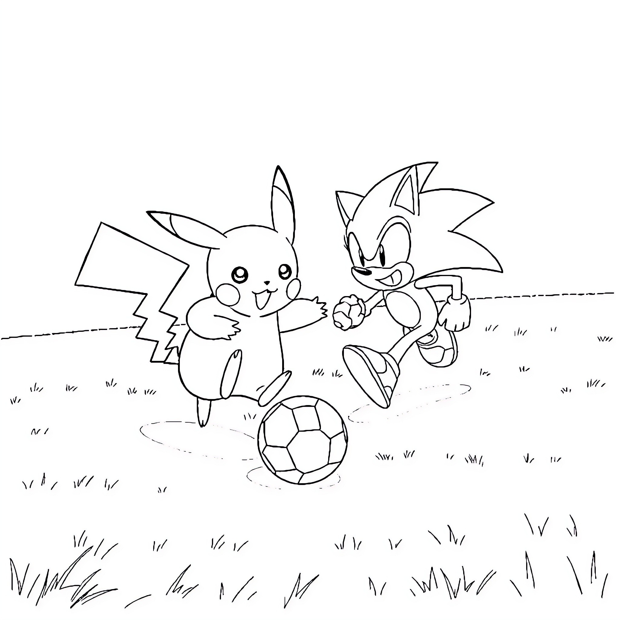 Pikachu and Sonic playing with a soccer ball Coloring Page (free black-and-white line drawing printable PDF for all, from beginners to advanced learners, including children, teens, adults, and seniors)