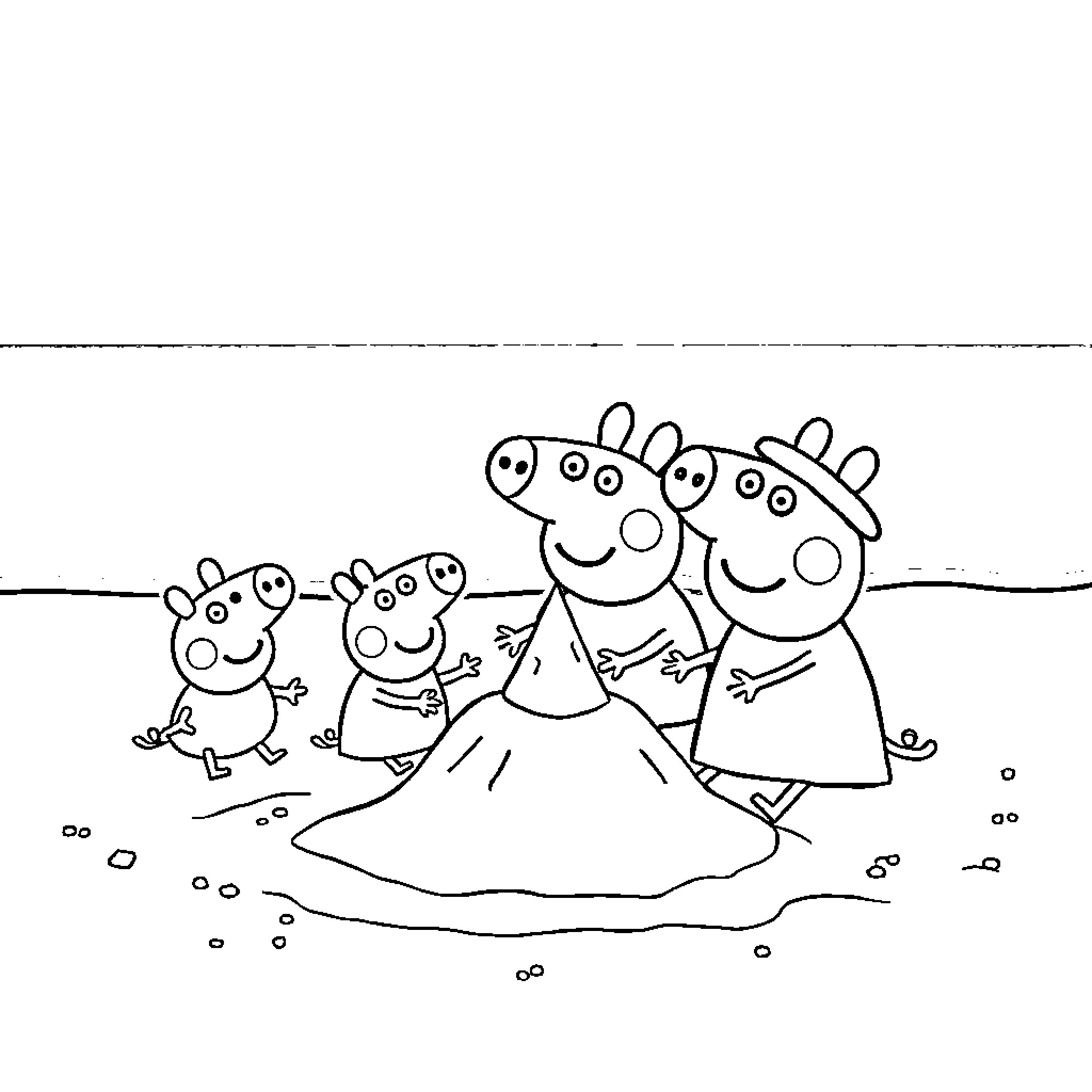 Peppa Pig family playing outdoors Coloring Page (free black-and-white line drawing printable PDF for all, from beginners to advanced learners, including children, teens, adults, and seniors)
