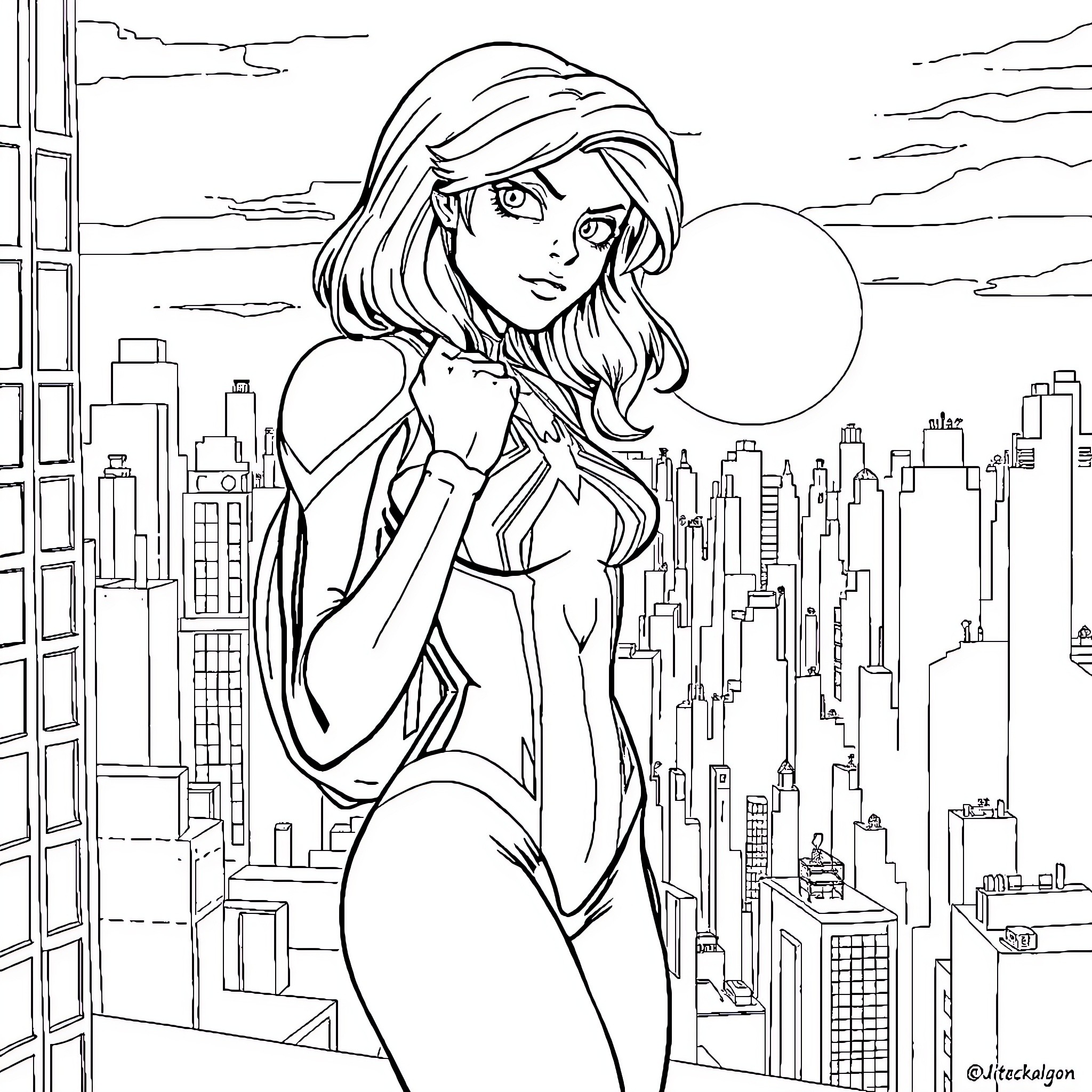 Gwen Stacy overlooking the city skyline Coloring Page (free black-and-white line drawing printable PDF for all, from beginners to advanced learners, including children, teens, adults, and seniors)