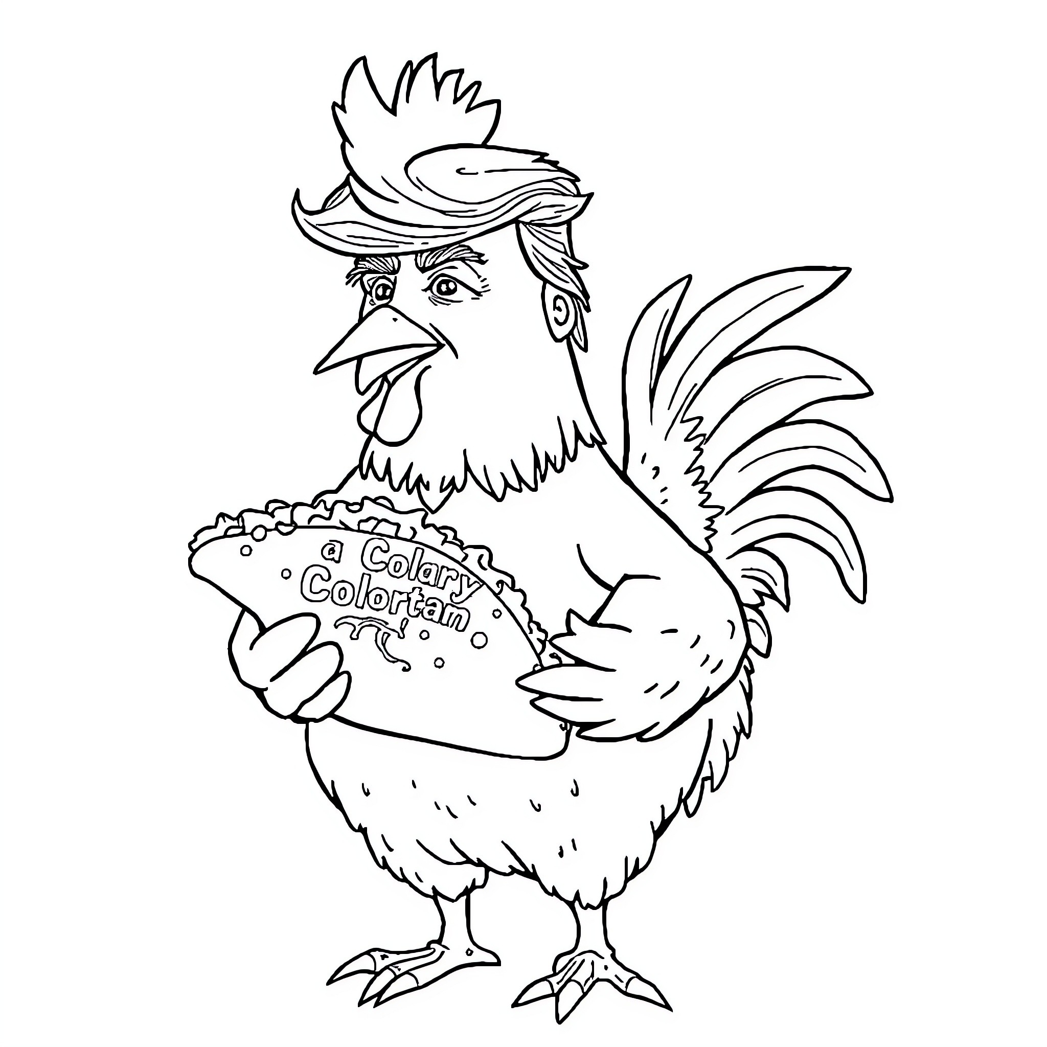 Donald Trump as a colorful rooster holding a cake Coloring Page (free black-and-white line drawing printable PDF for all, from beginners to advanced learners, including children, teens, adults, and seniors)