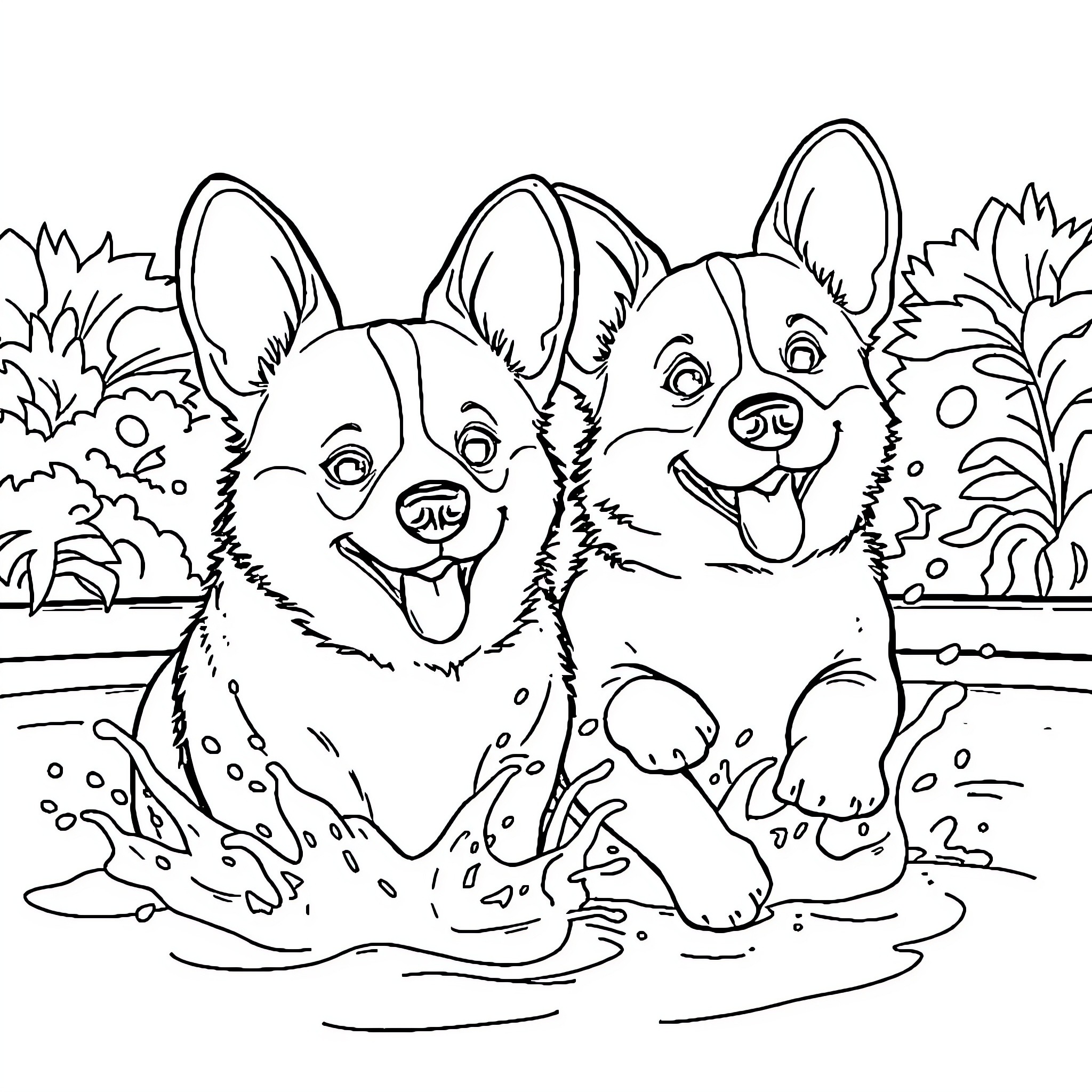 Corgi pups playing happily in a puddle Coloring Page (free black-and-white line drawing printable PDF for all, from beginners to advanced learners, including children, teens, adults, and seniors)
