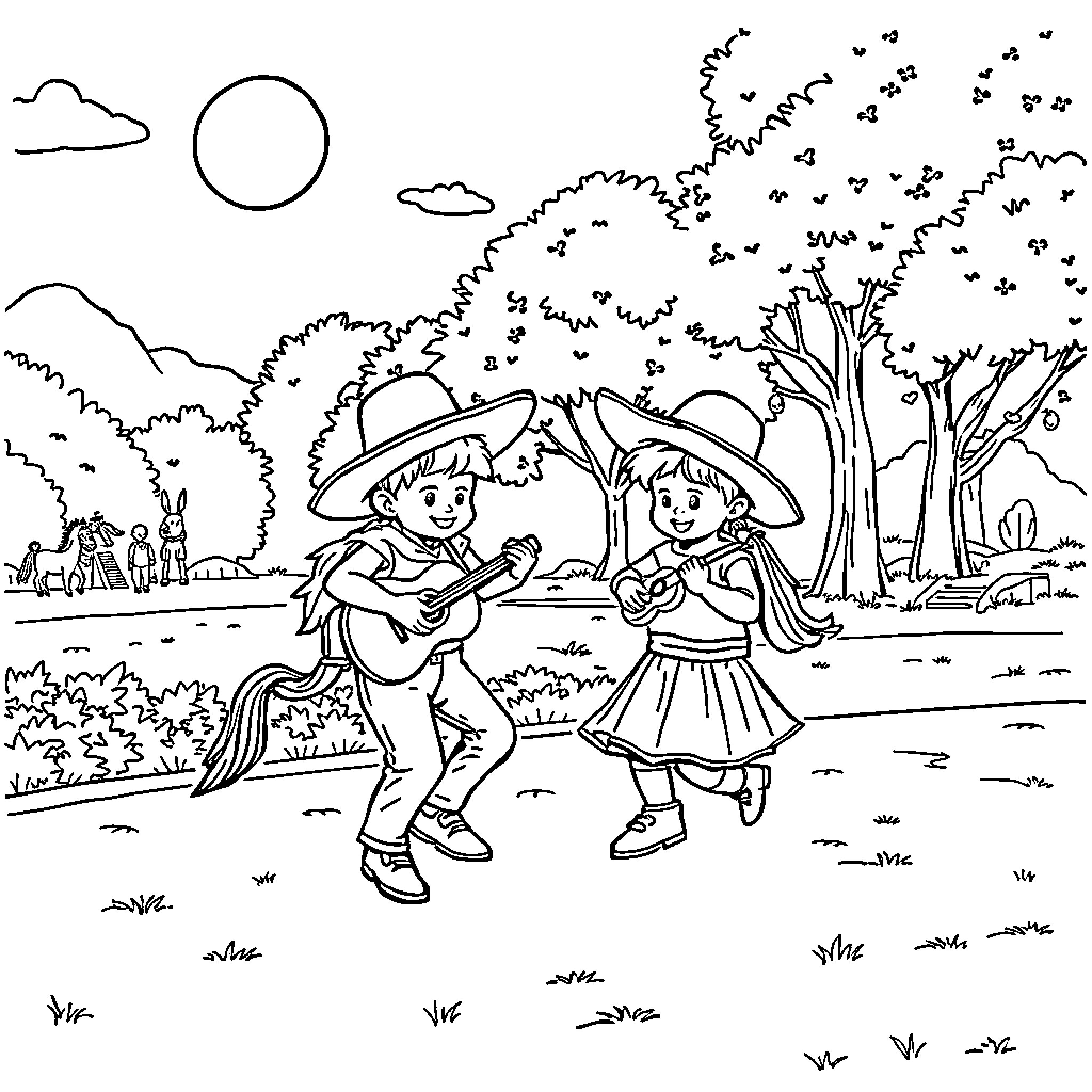 Cacharros playing music and dancing in the countryside Coloring Page (free black-and-white line drawing printable PDF for all, from beginners to advanced learners, including children, teens, adults, and seniors)