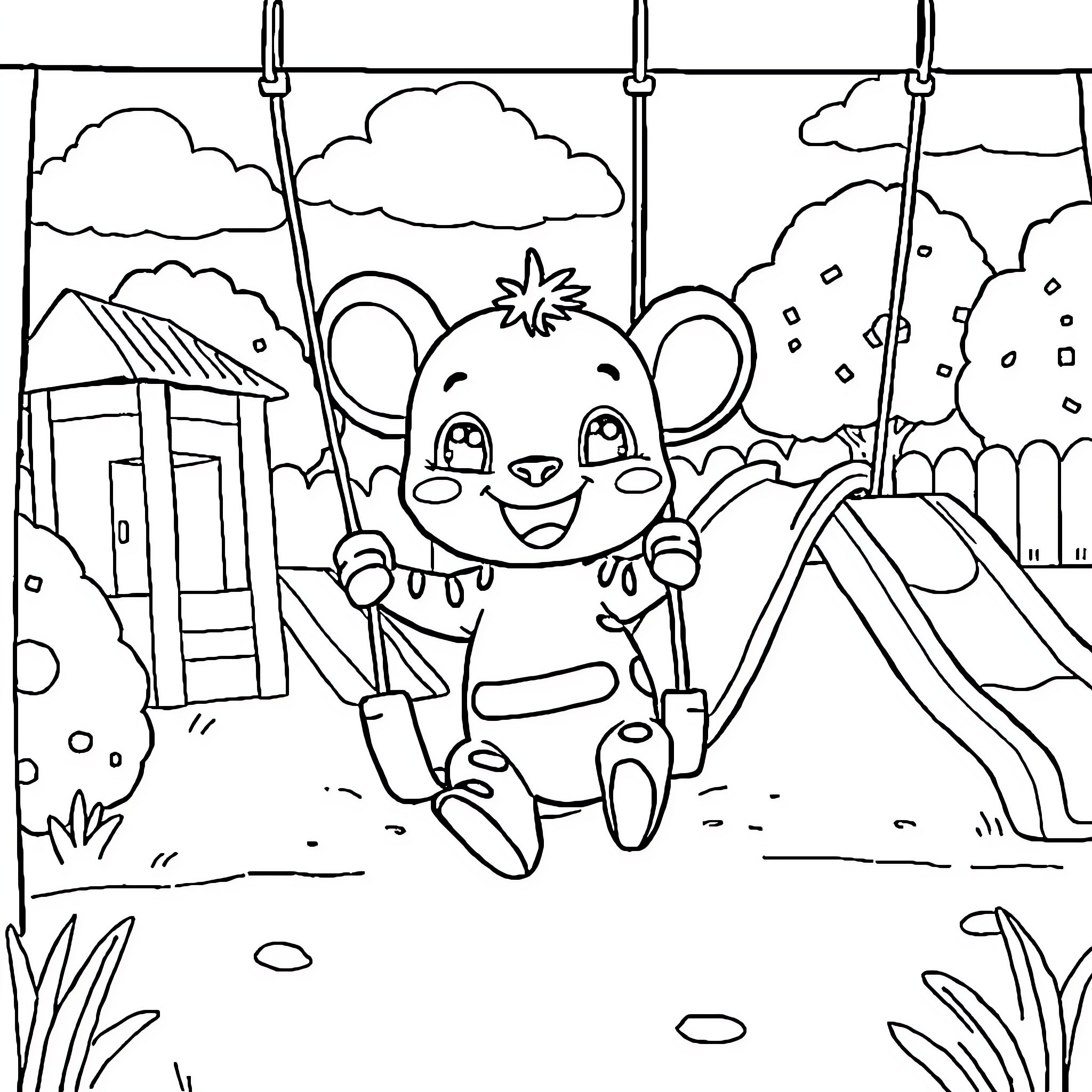 Labubu's Outdoor Adventure Coloring Page (free black-and-white line drawing printable PDF for all, from beginners to advanced learners, including children, teens, adults, and seniors)