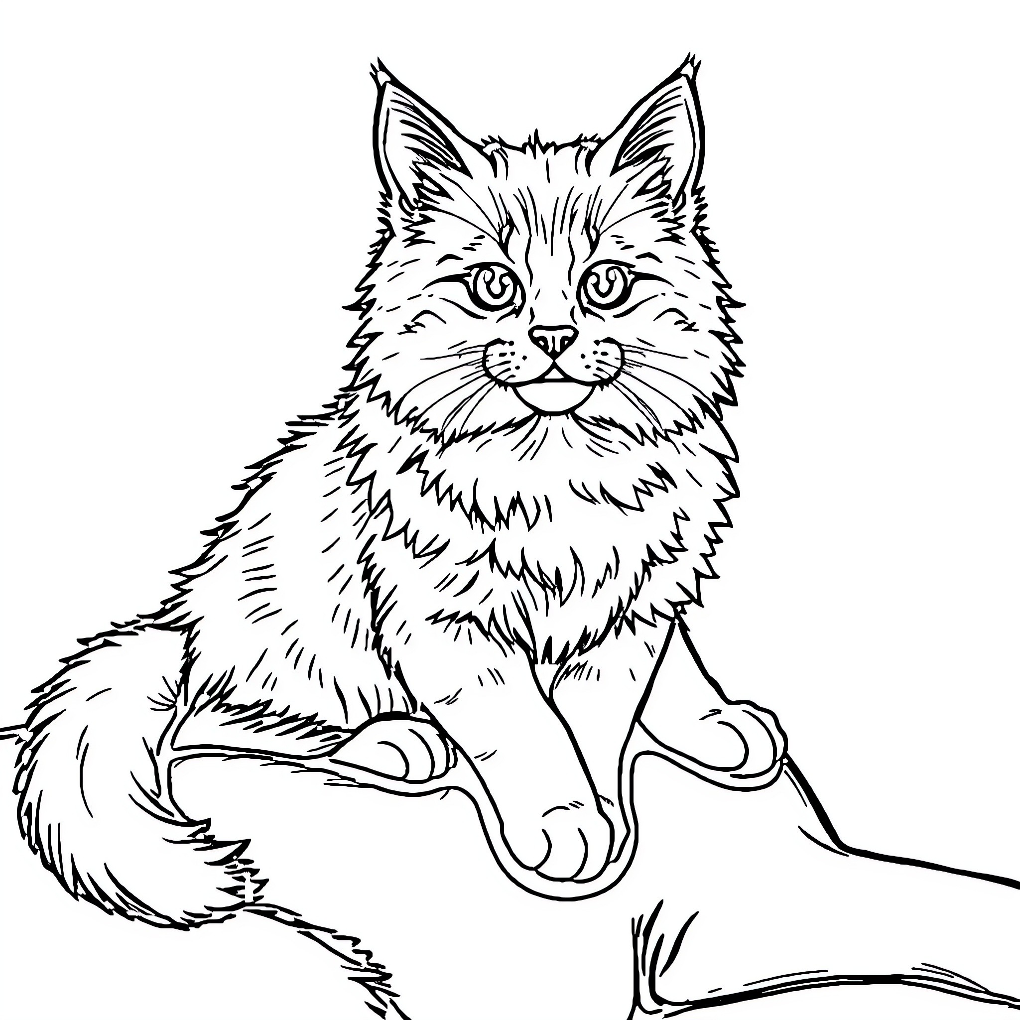Cat Sitting Contently on Rug Coloring Page (free black-and-white line drawing printable PDF for all, from beginners to advanced learners, including children, teens, adults, and seniors)