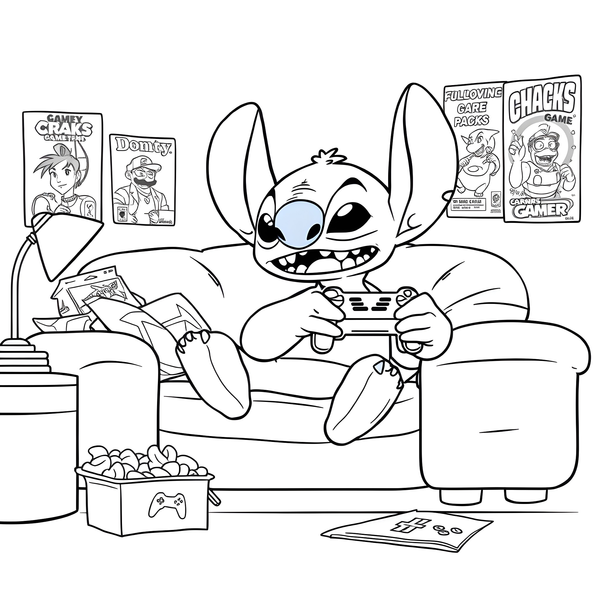 Stitch playing video games and snacking Coloring Page (free black-and-white line drawing printable PDF for all, from beginners to advanced learners, including children, teens, adults, and seniors)