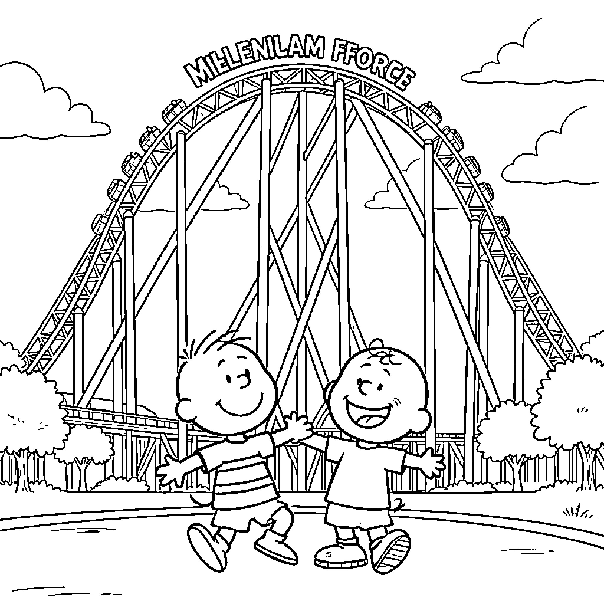 Charlie Brown and Friend Enjoying Ferris Wheel Ride Coloring Page (free black-and-white line drawing printable PDF for all, from beginners to advanced learners, including children, teens, adults, and seniors)